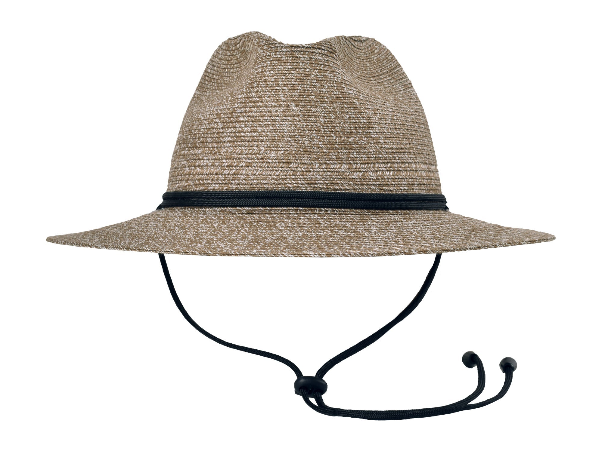 Beige straw hat with a black band on a white background