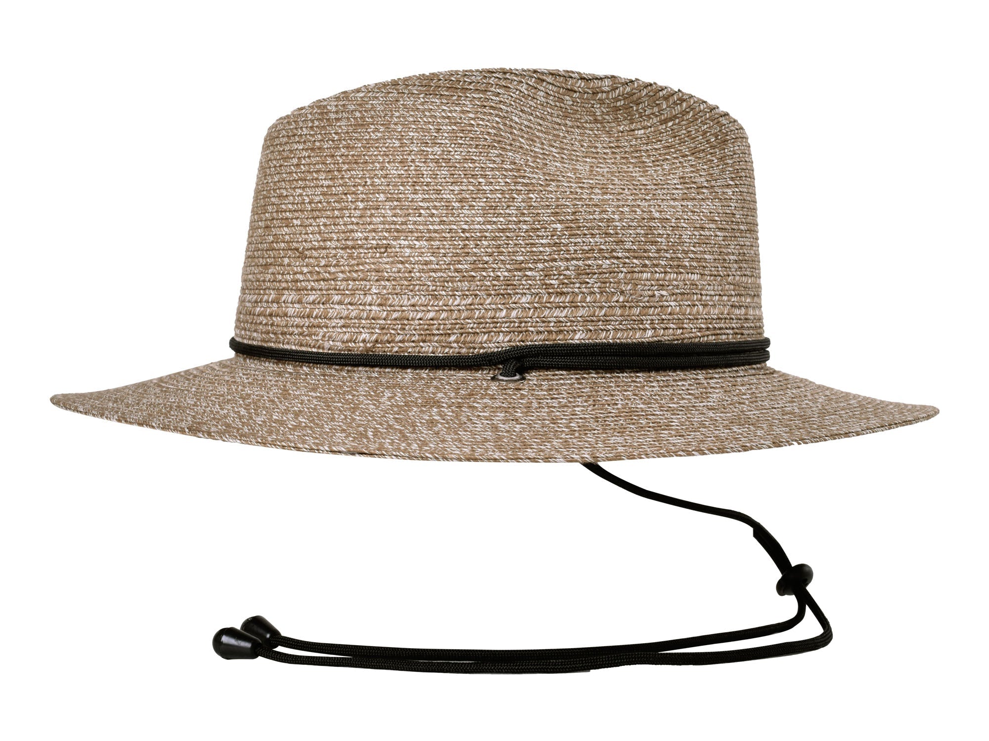 Beige straw hat with a black band on a white background