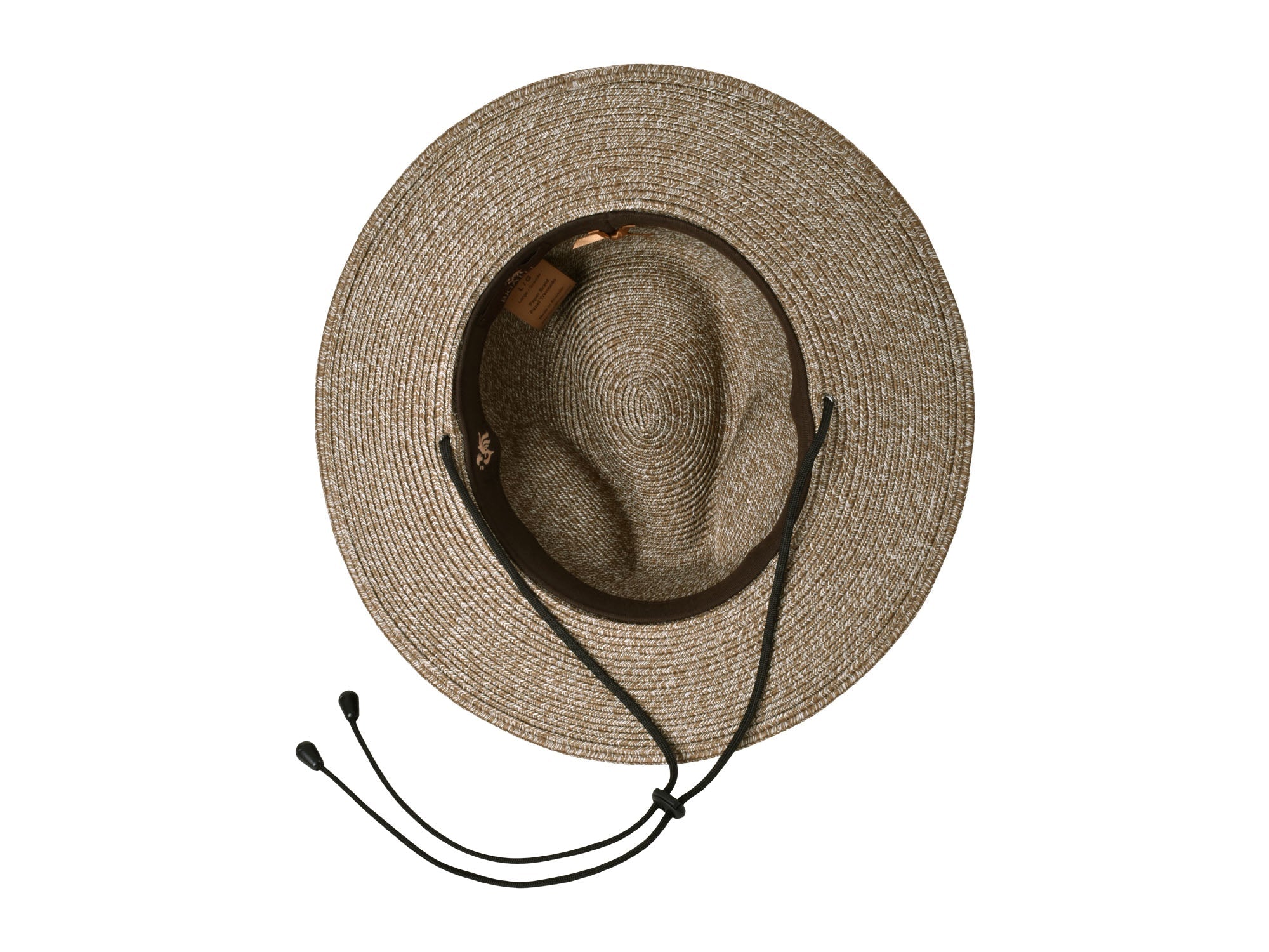 Beige straw hat with a black band on a white background