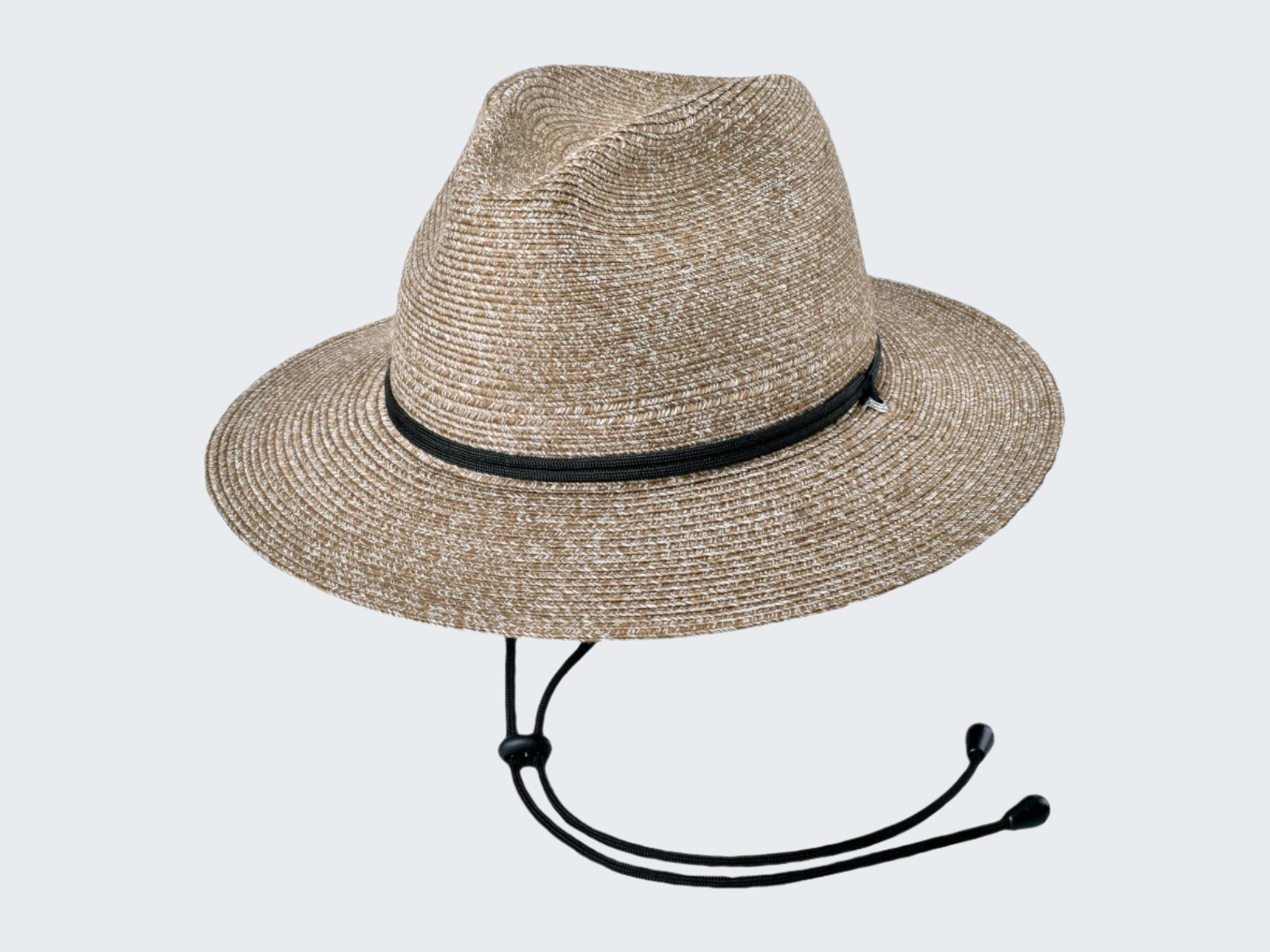 Beige straw hat with black band and chin strap on a white background