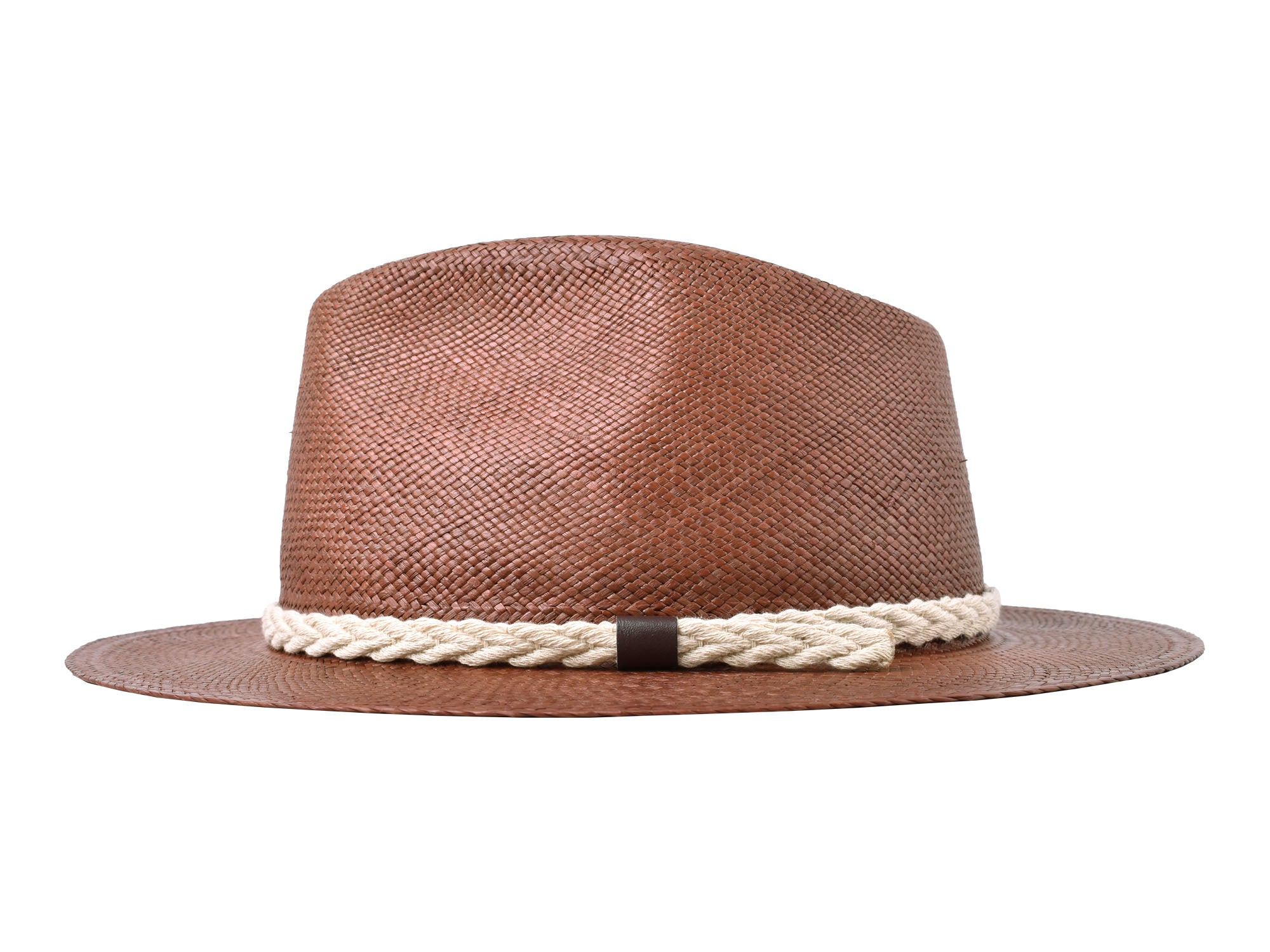 Brown straw hat with a white rope band on a white background
