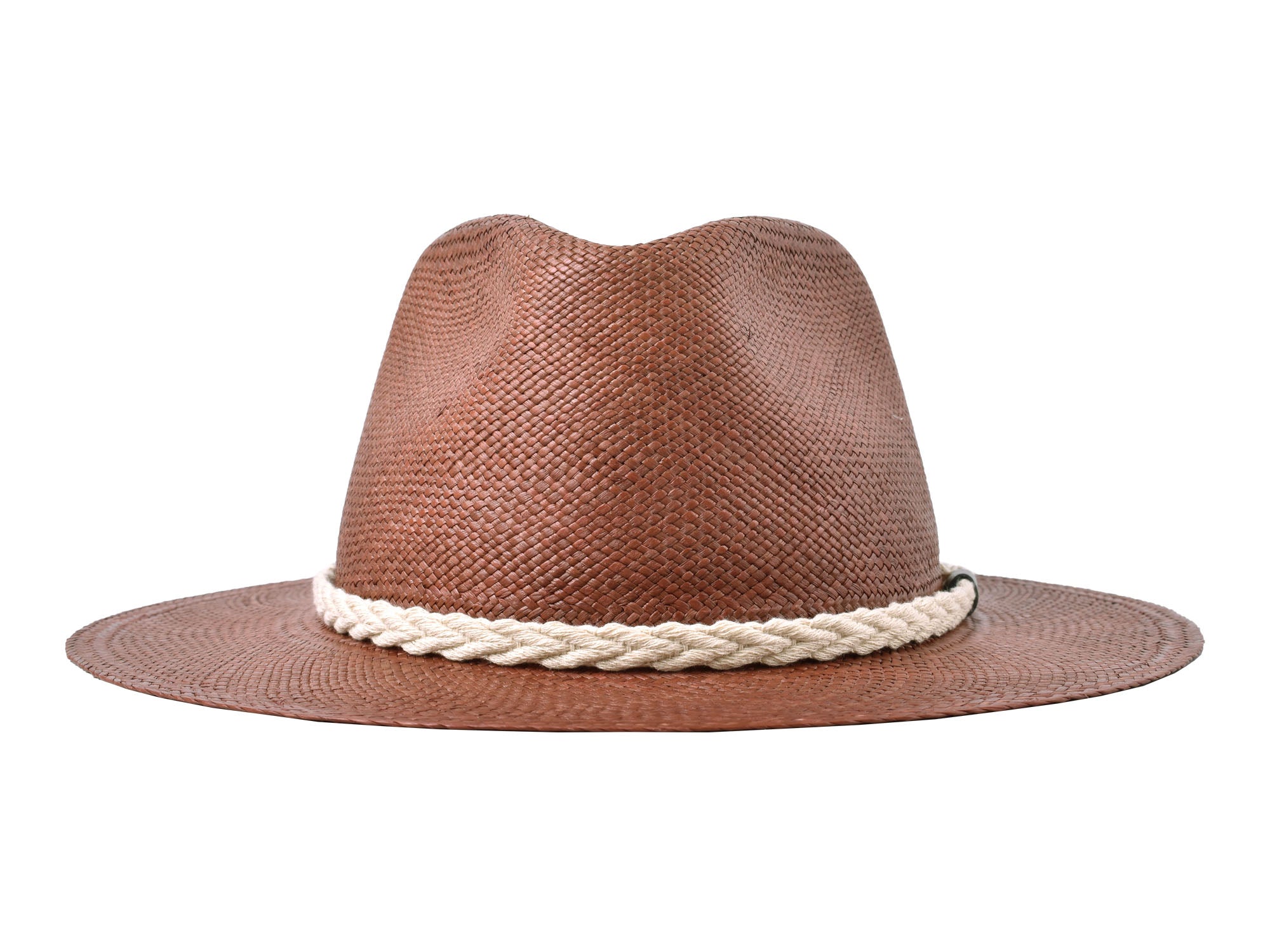 Brown straw hat with a rope band on a white background