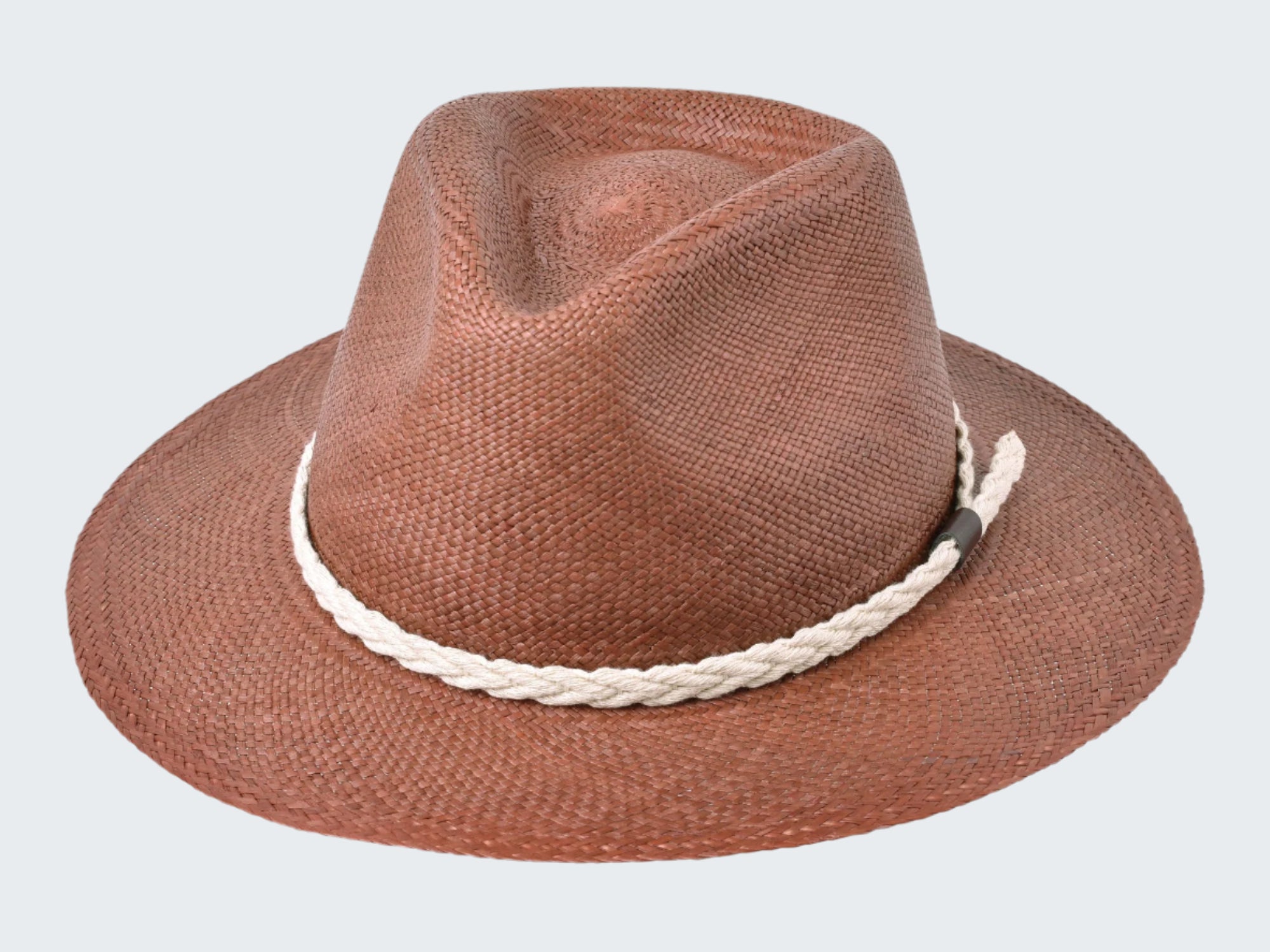 Brown straw hat with a white band on a white background