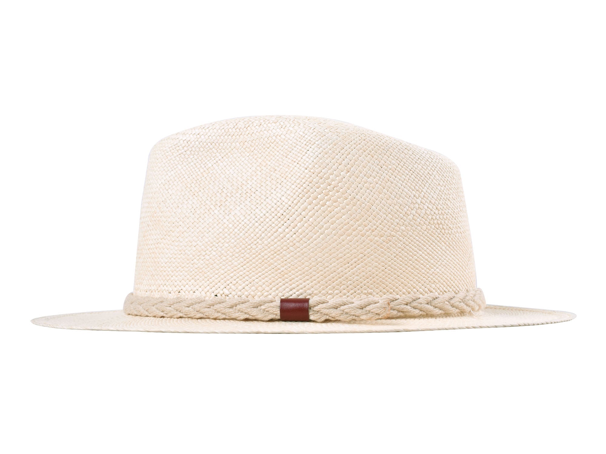 Beige straw hat with a brown band on a white background