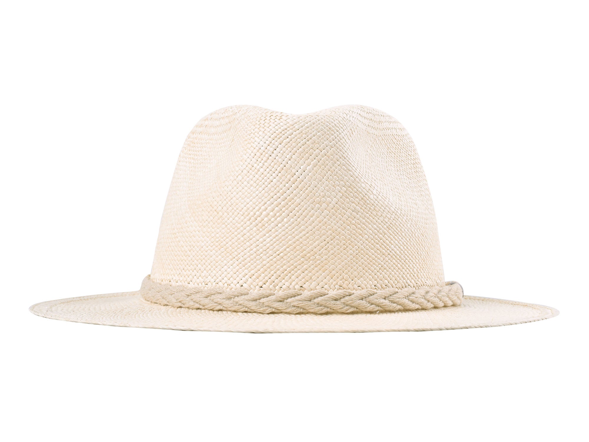 Beige straw hat with braided band on a white background