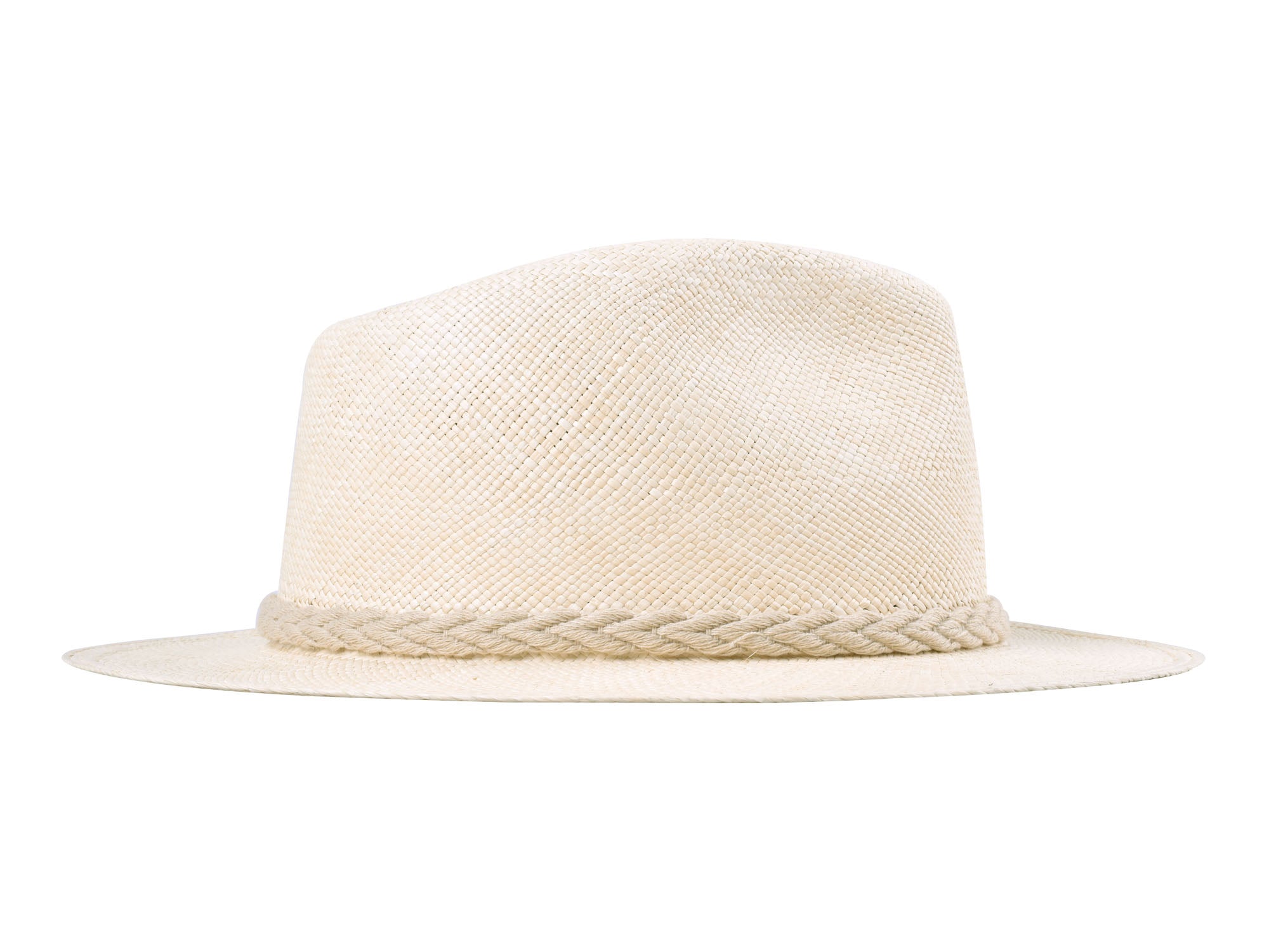 Beige straw hat with braided band on a white background