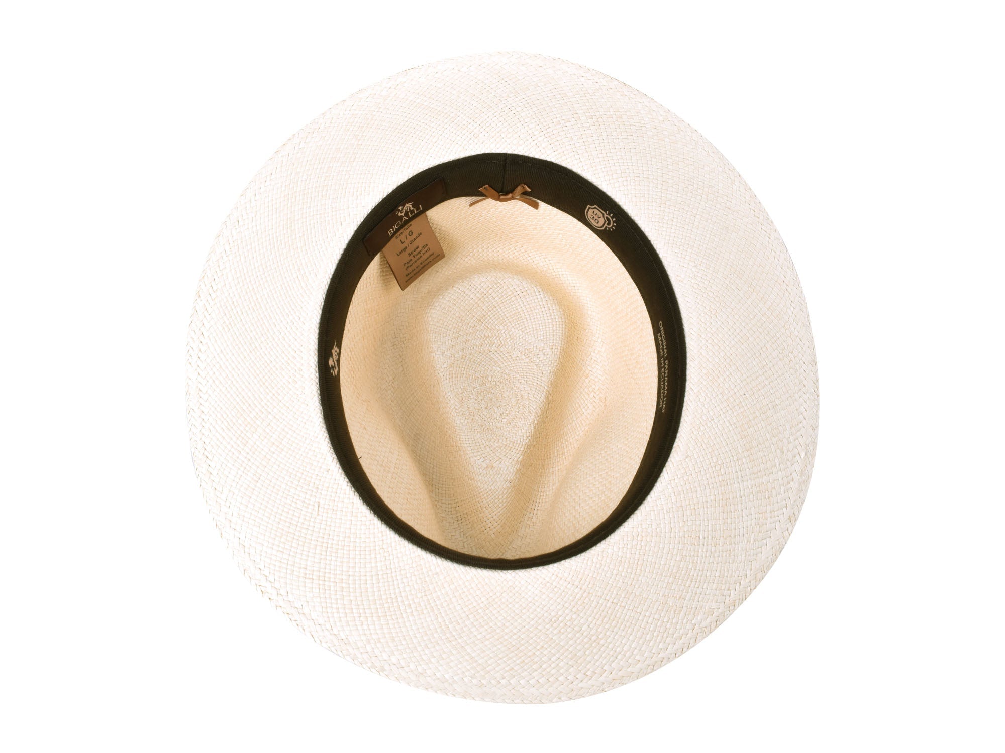 White straw hat with a black band on a white background