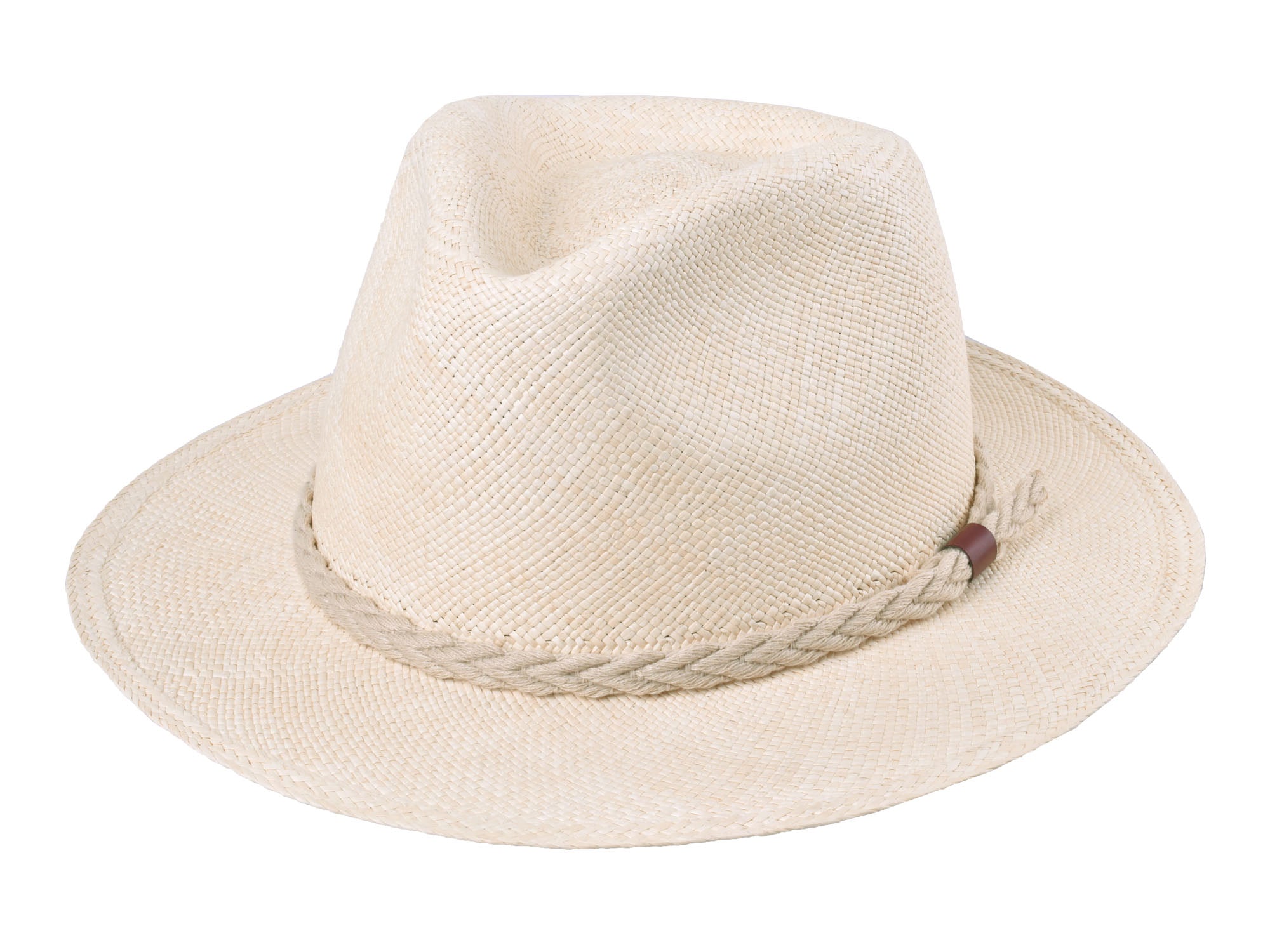 Beige straw hat with a rope band on a white background