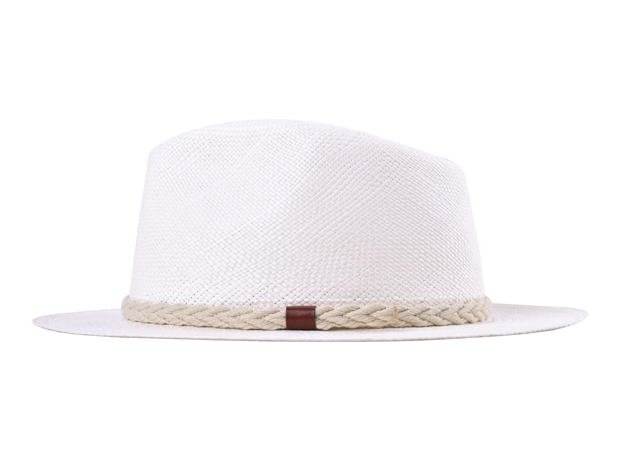 White straw hat with a braided band on a white background