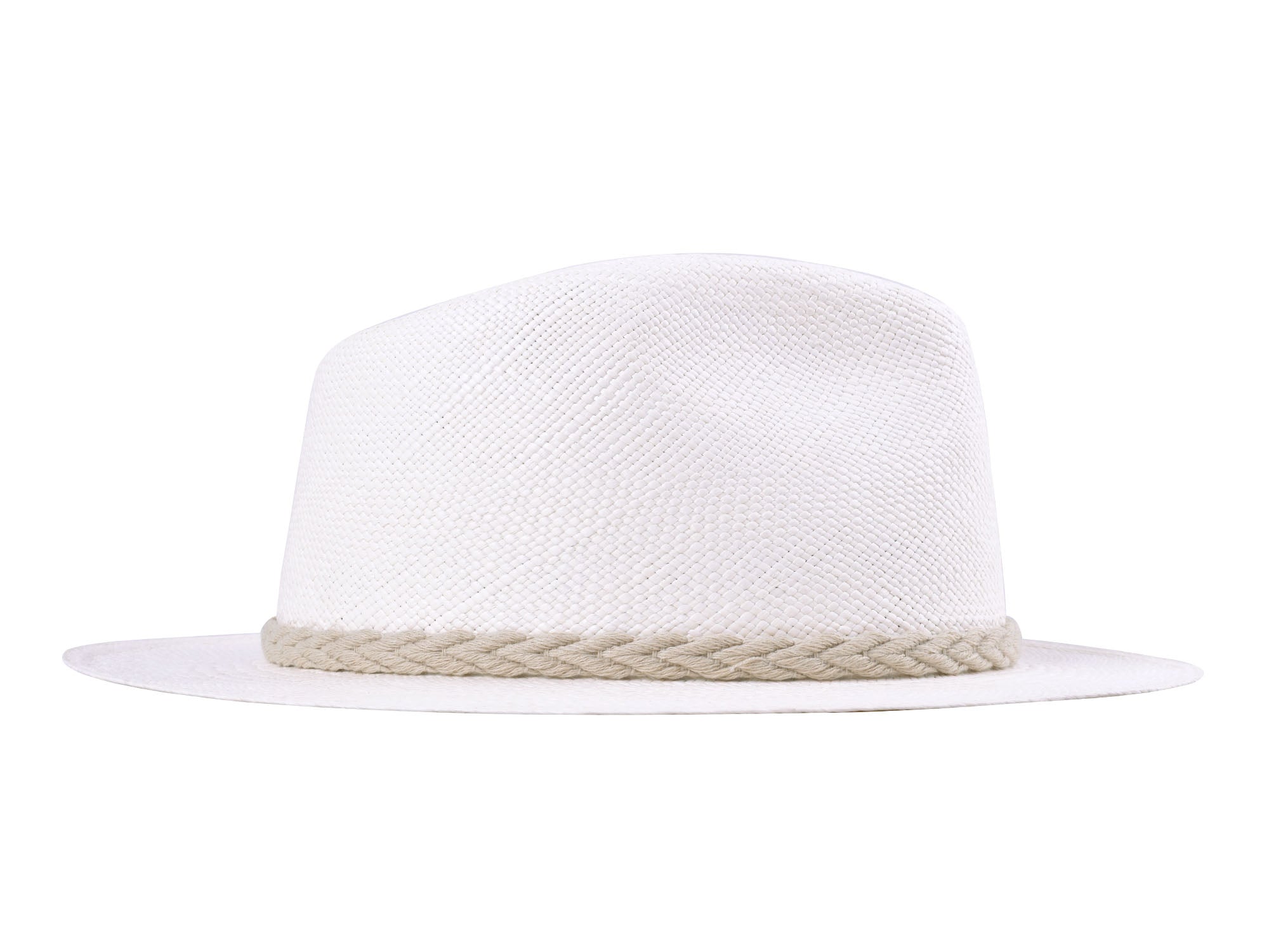 White straw hat with a braided band on a white background