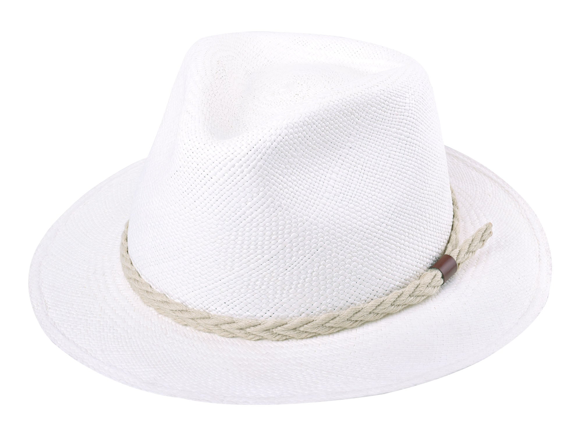 White straw hat with a braided band on a white background