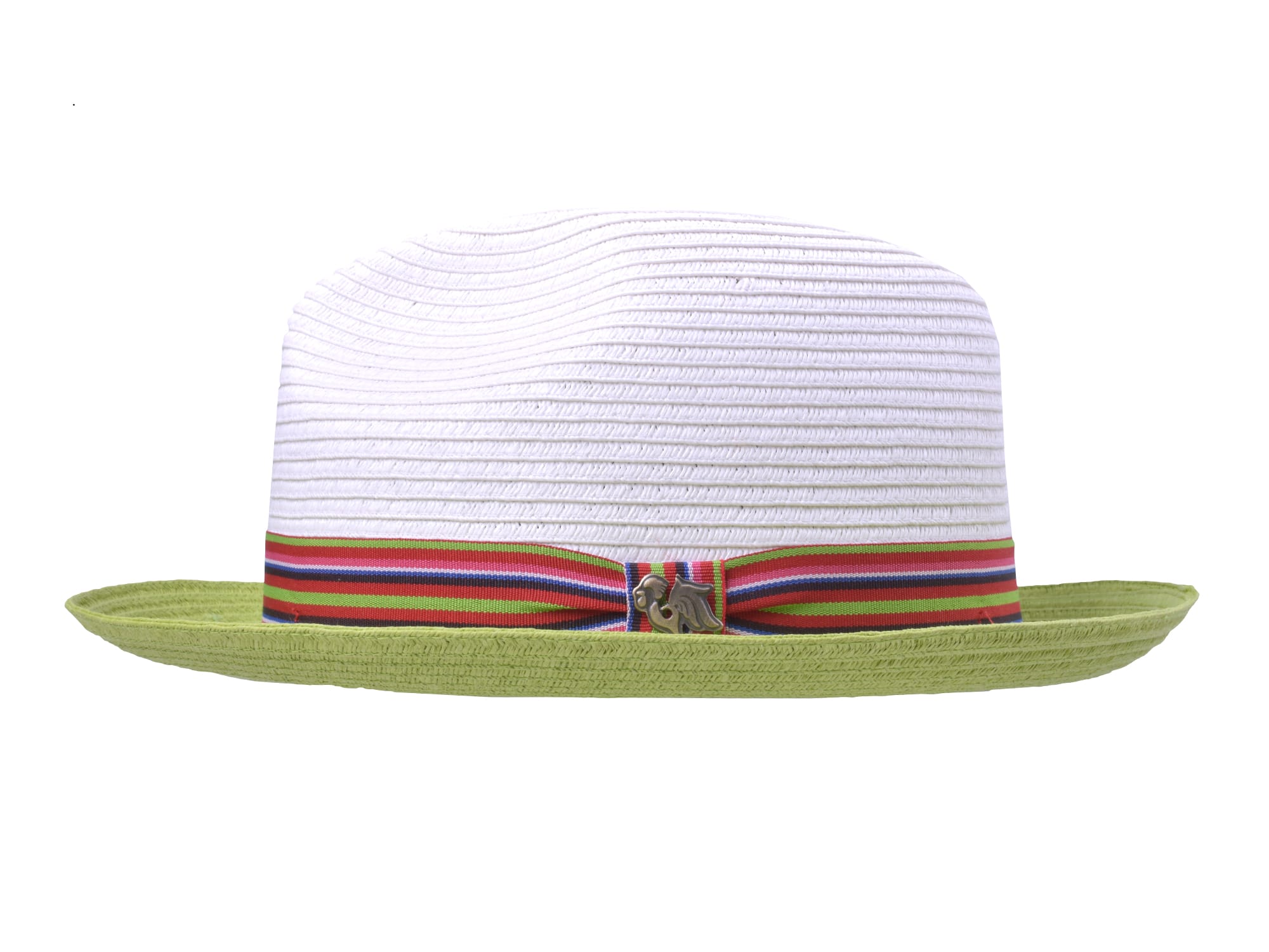 White straw hat with a colorful band on a white background