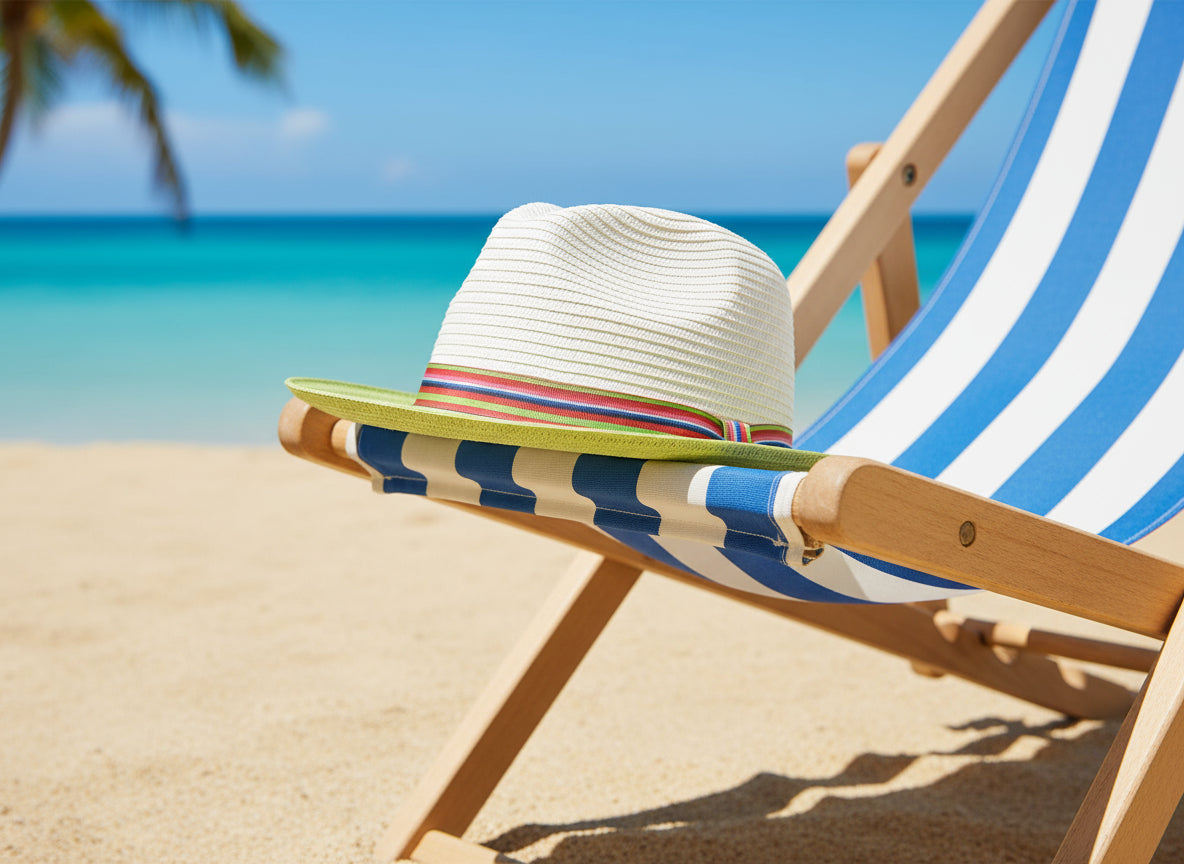 White straw hat with a colorful band on a white background
