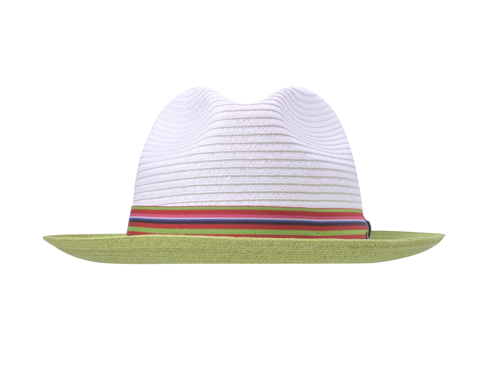 White straw hat with a colorful band on a white background