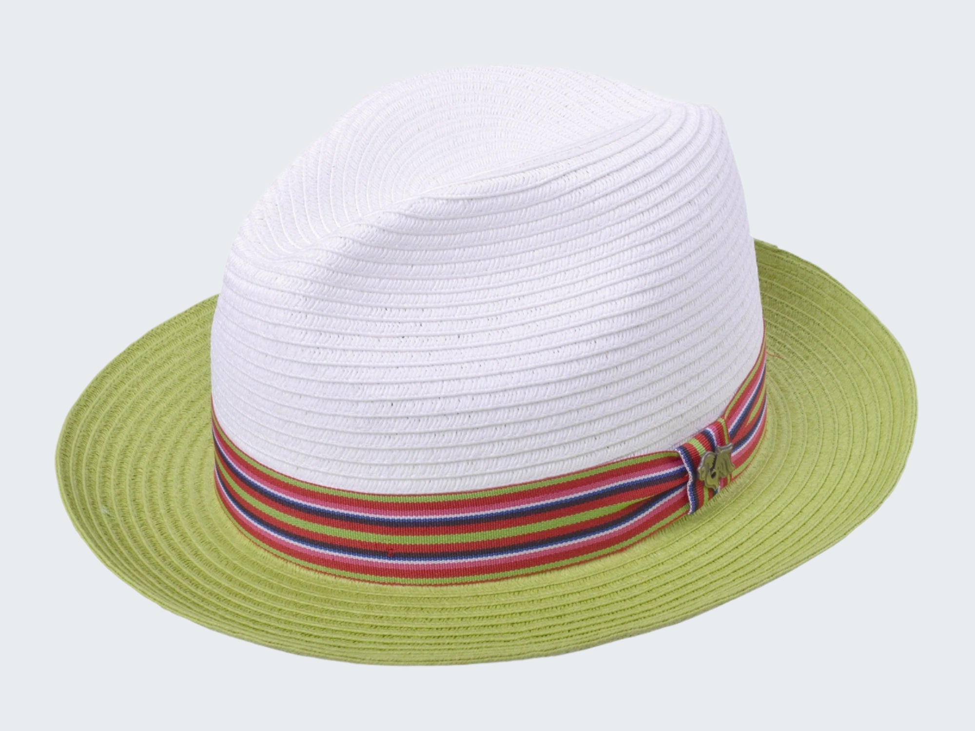White straw hat with a colorful band on a white background