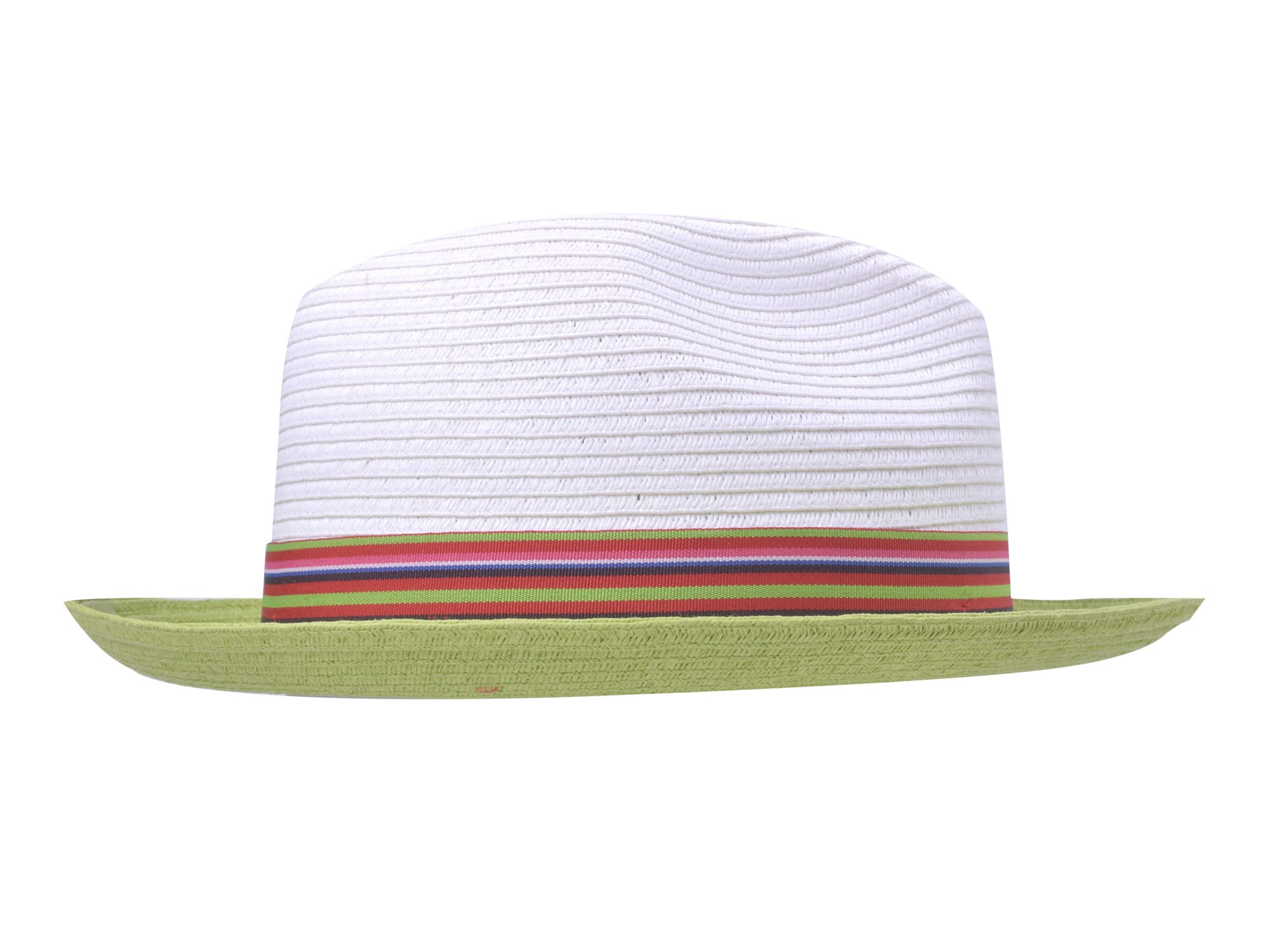 White straw hat with a colorful band and green brim on a white background