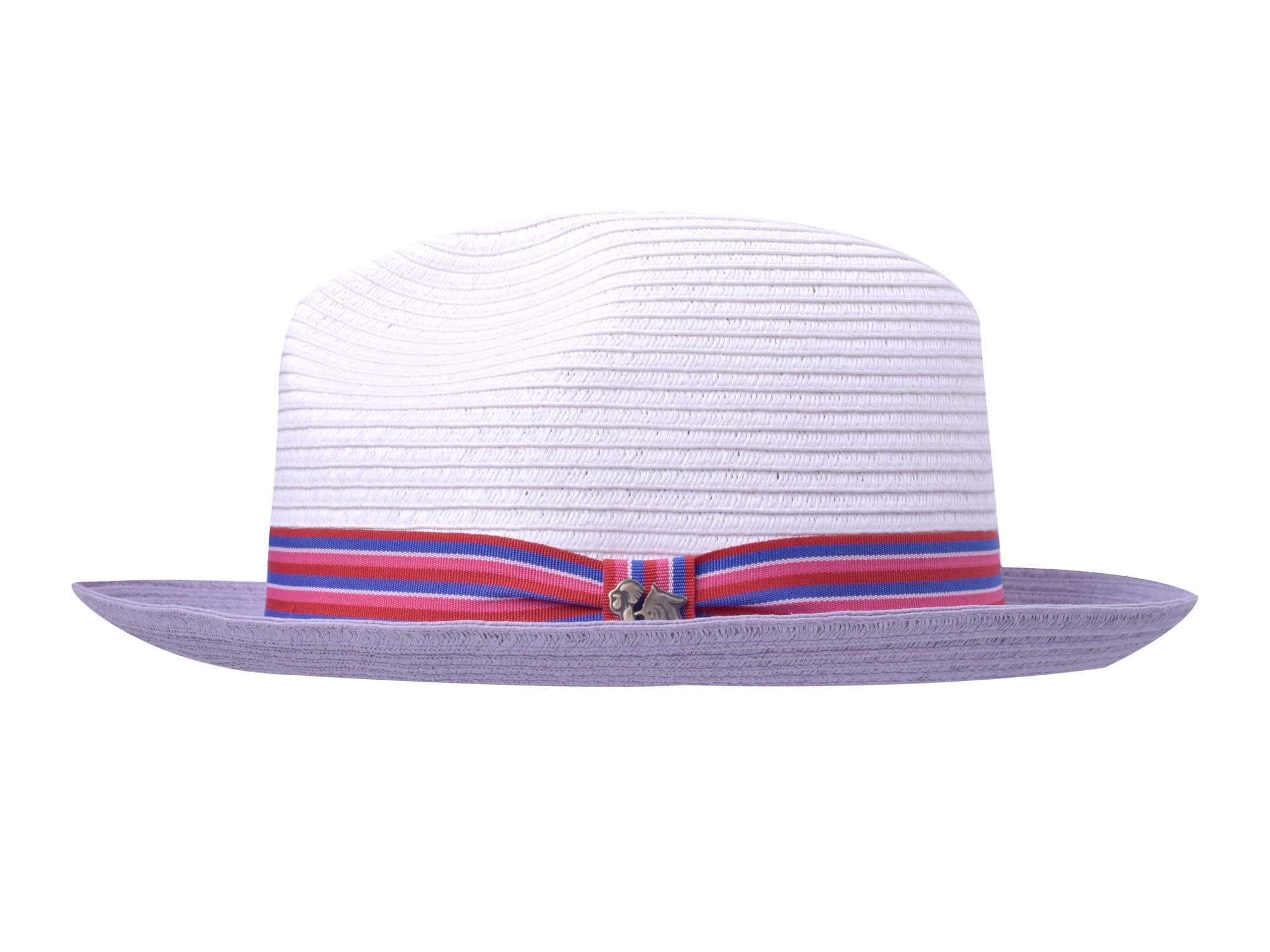 White straw hat with a colorful band on a white background
