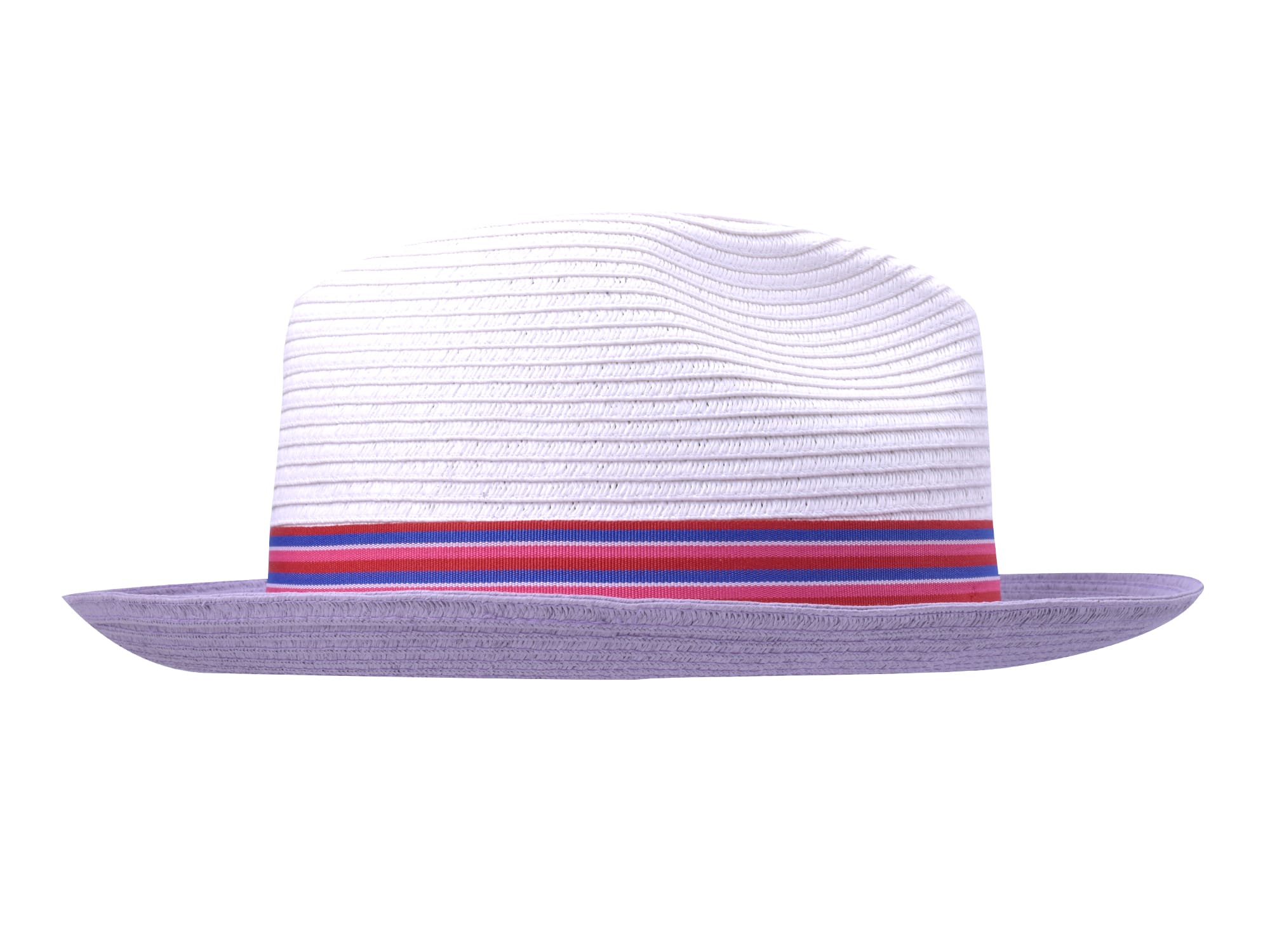 White straw hat with a red and blue band on a white background