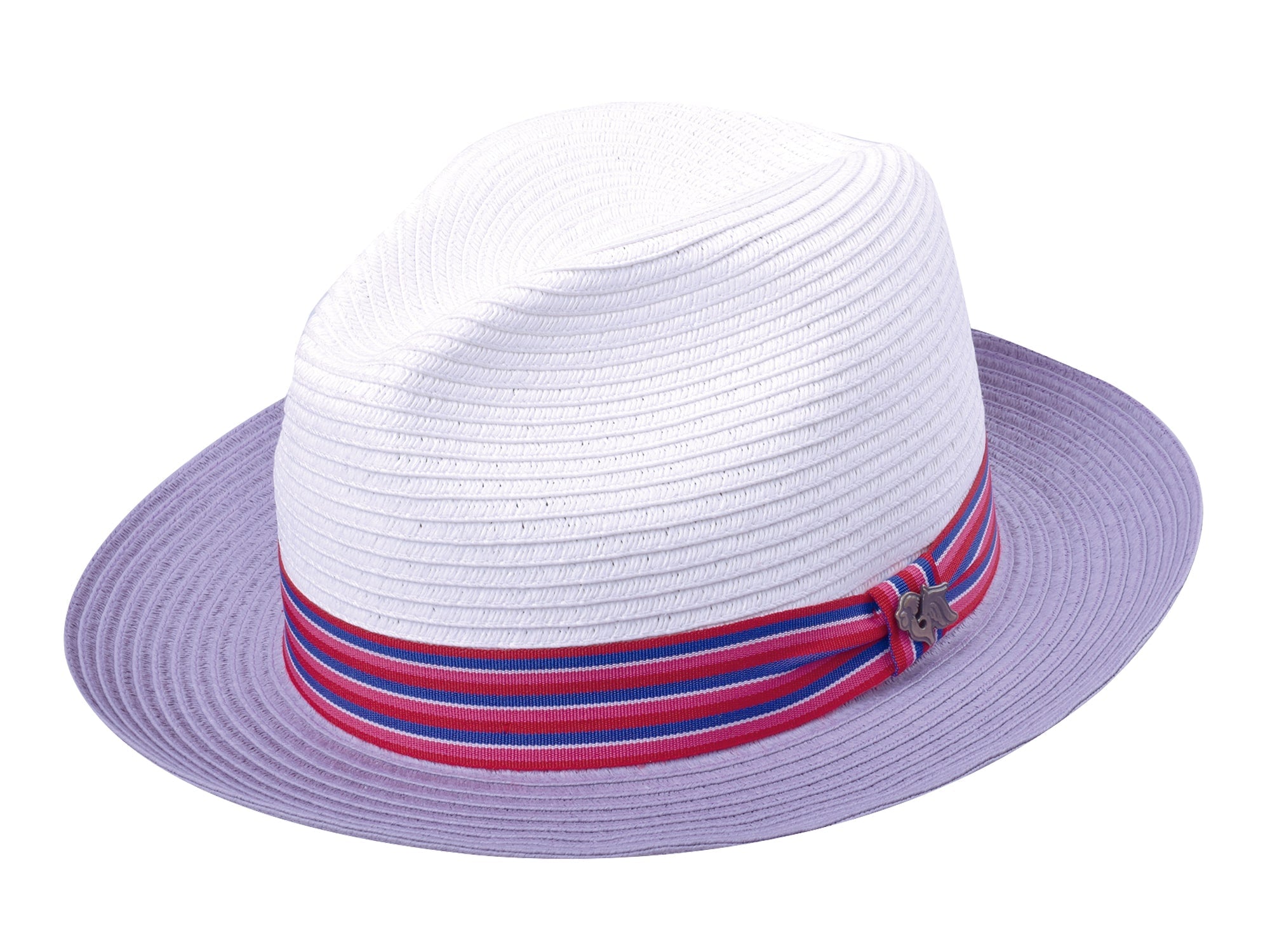 White straw hat with a purple brim and red and blue striped band on a white background