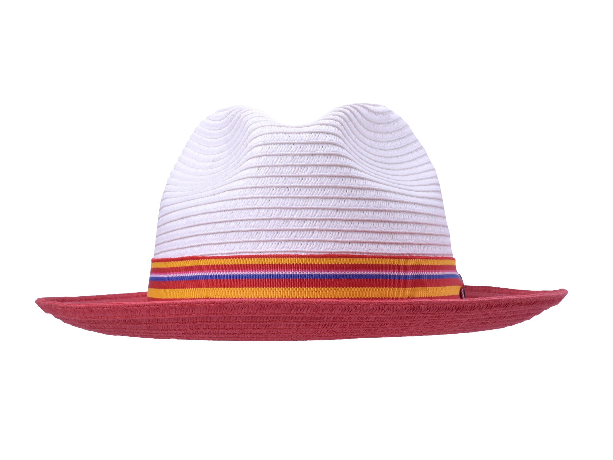 White straw hat with a colorful band on a white background