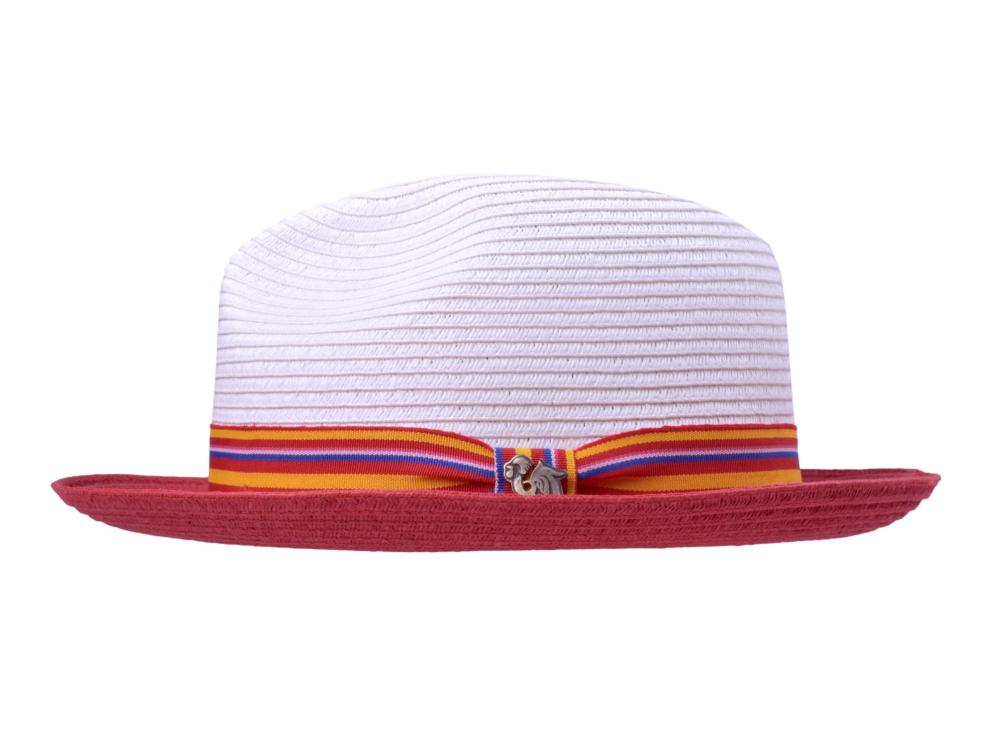 White straw hat with a colorful band on a white background