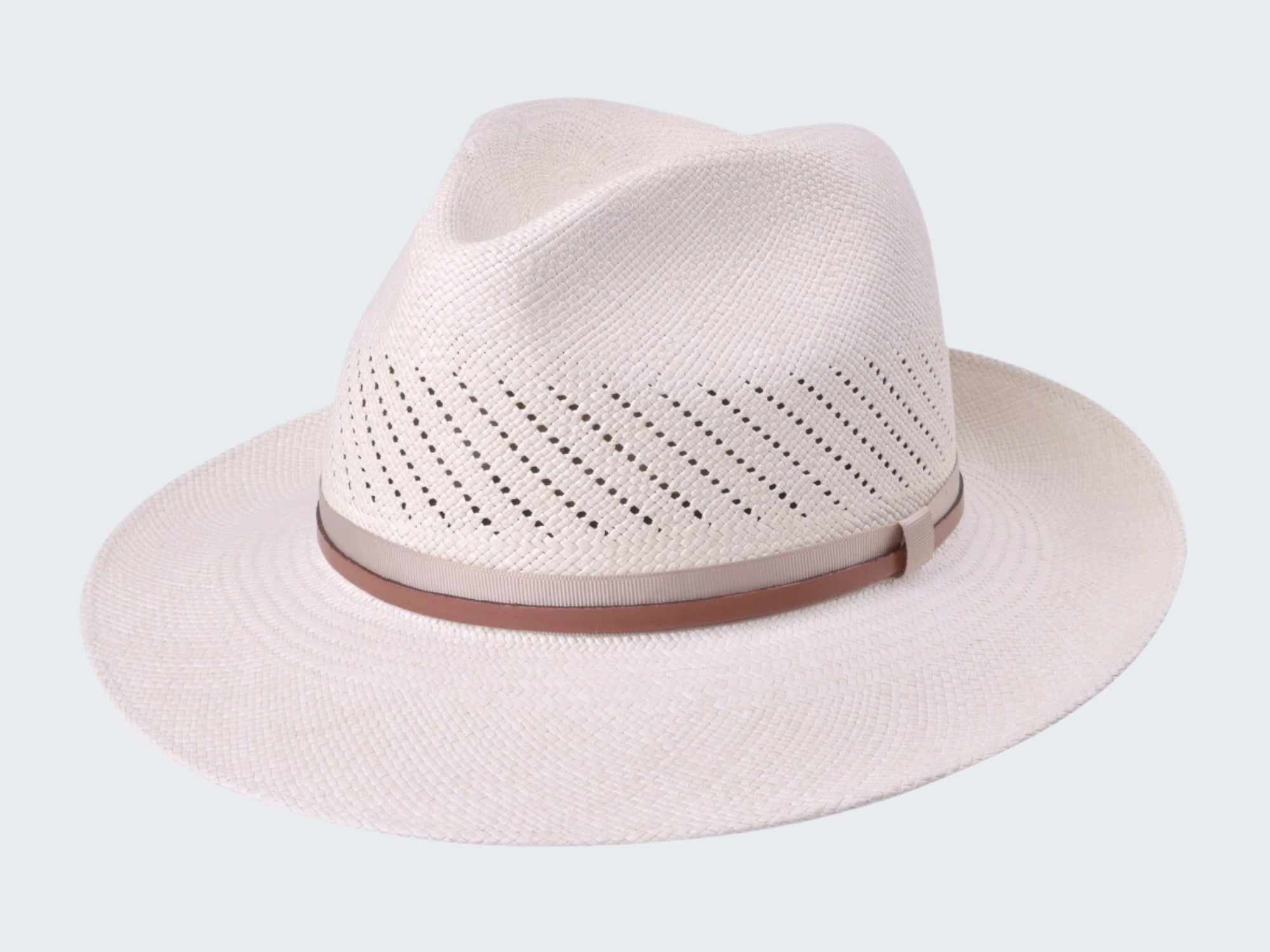 White straw hat with a brown band on a white background