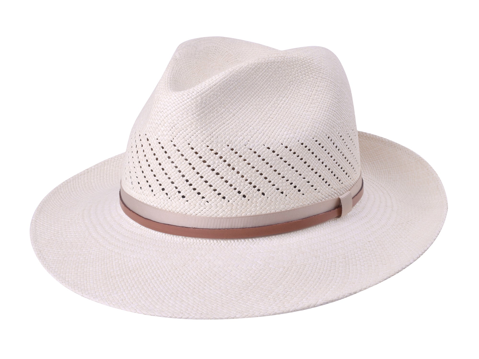 White straw hat with a brown band on a white background