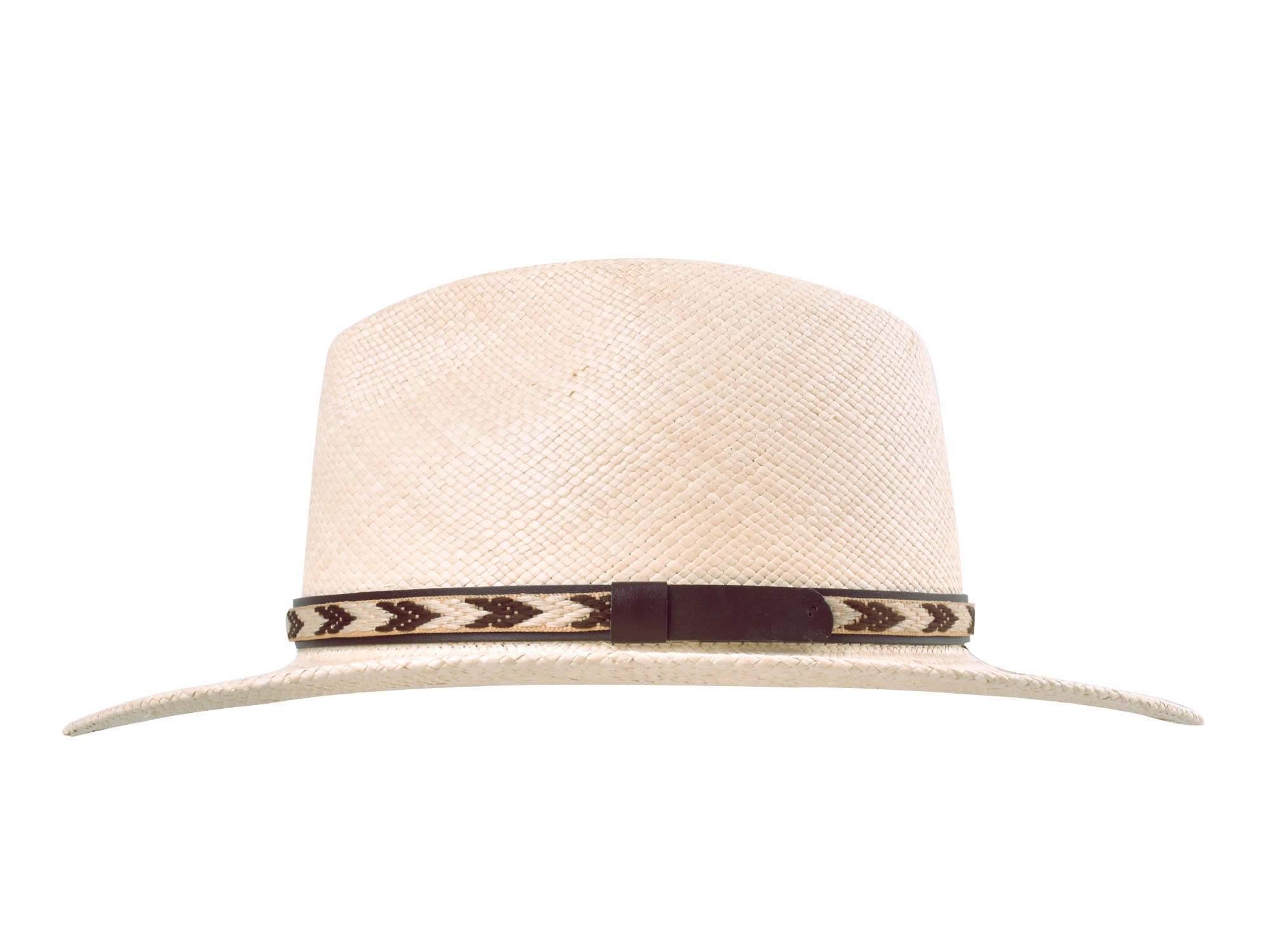 Beige straw hat with a decorative band on a white background