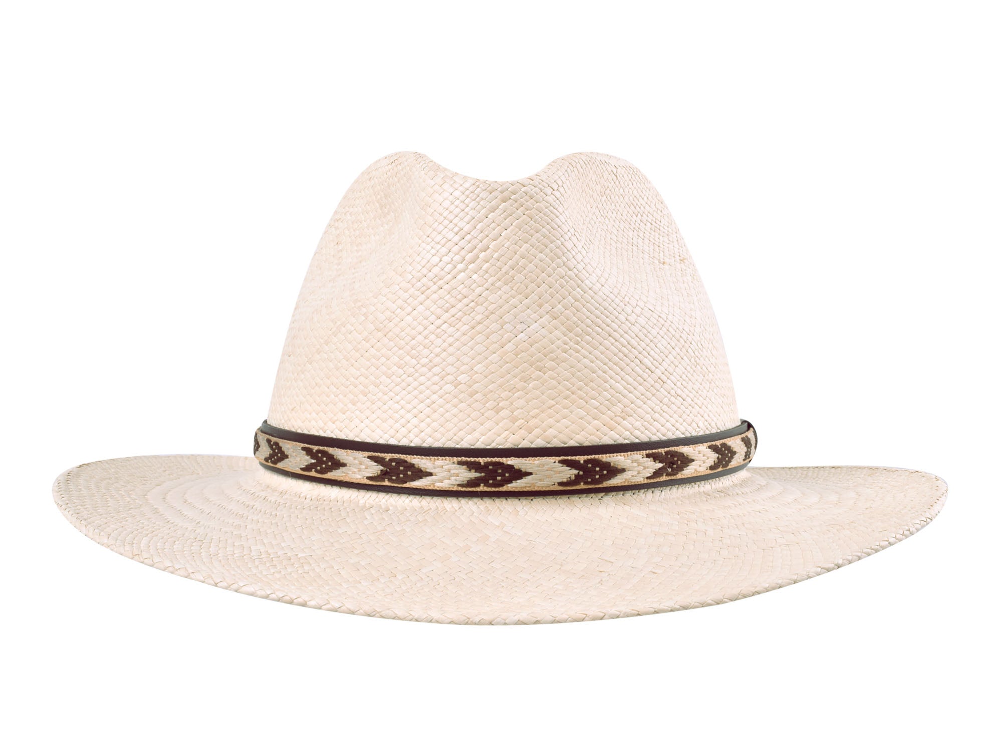 Beige straw hat with a decorative band on a white background