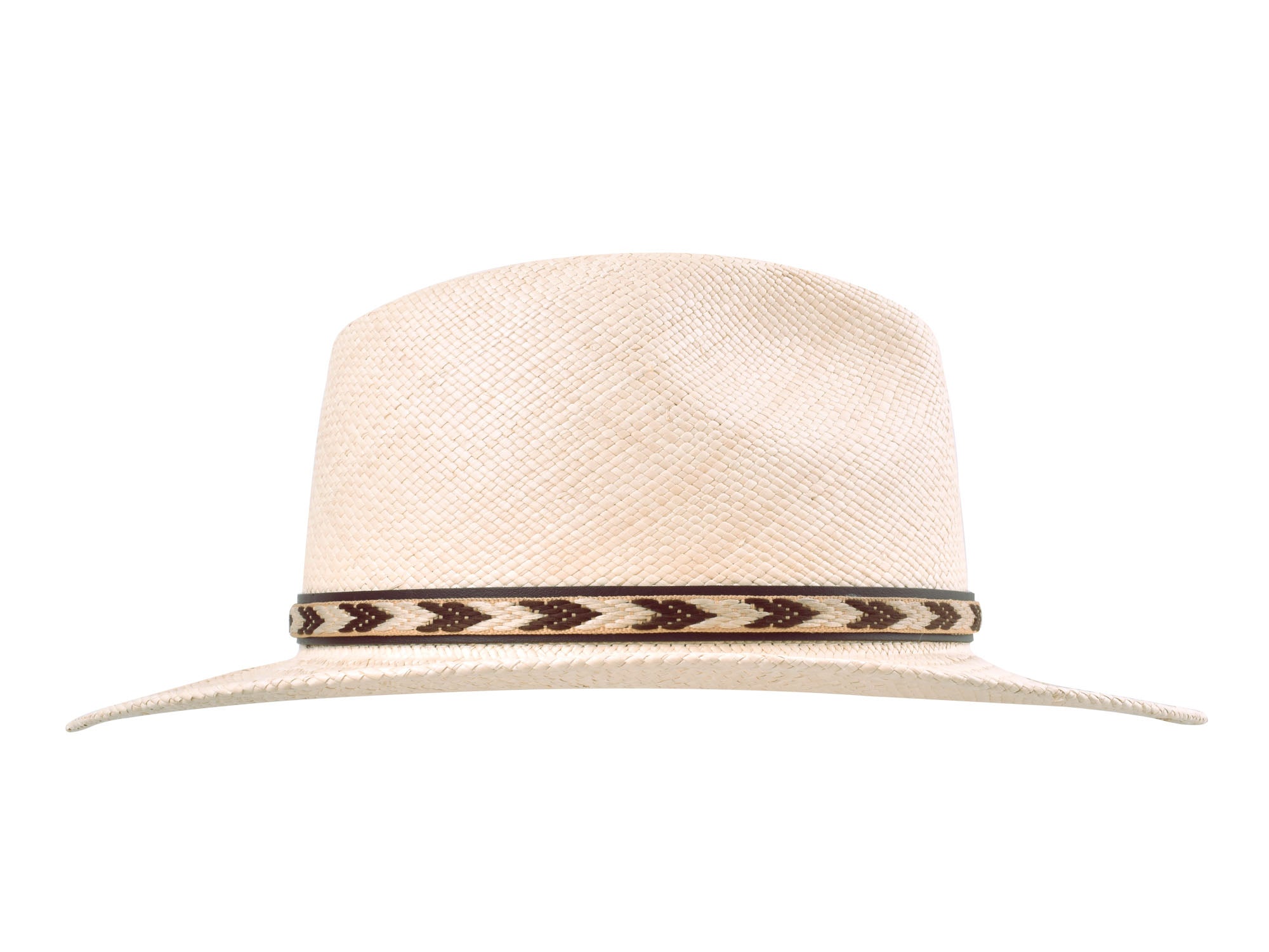 Beige straw hat with a decorative band on a white background