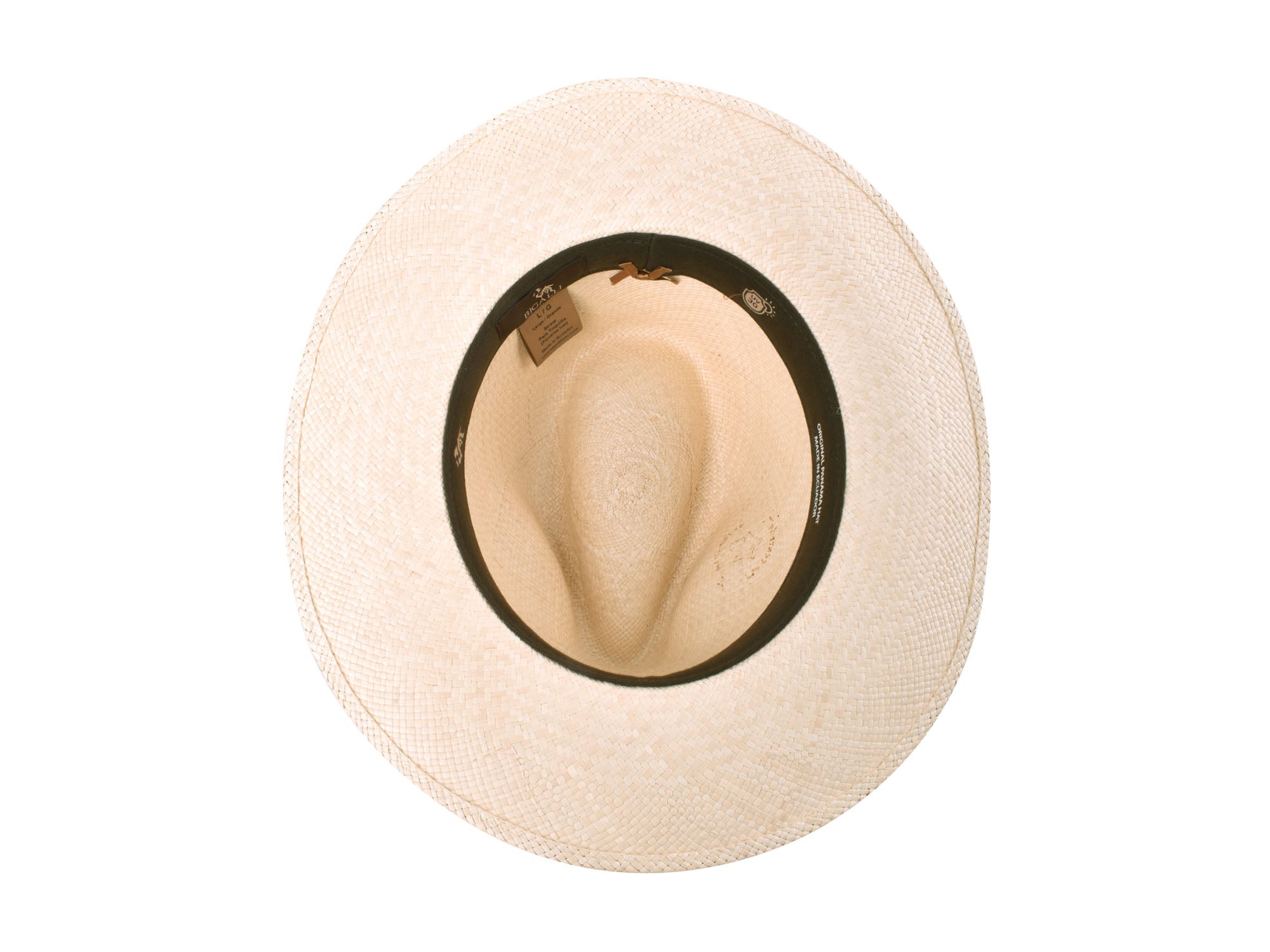 Beige straw hat with black band on a white background