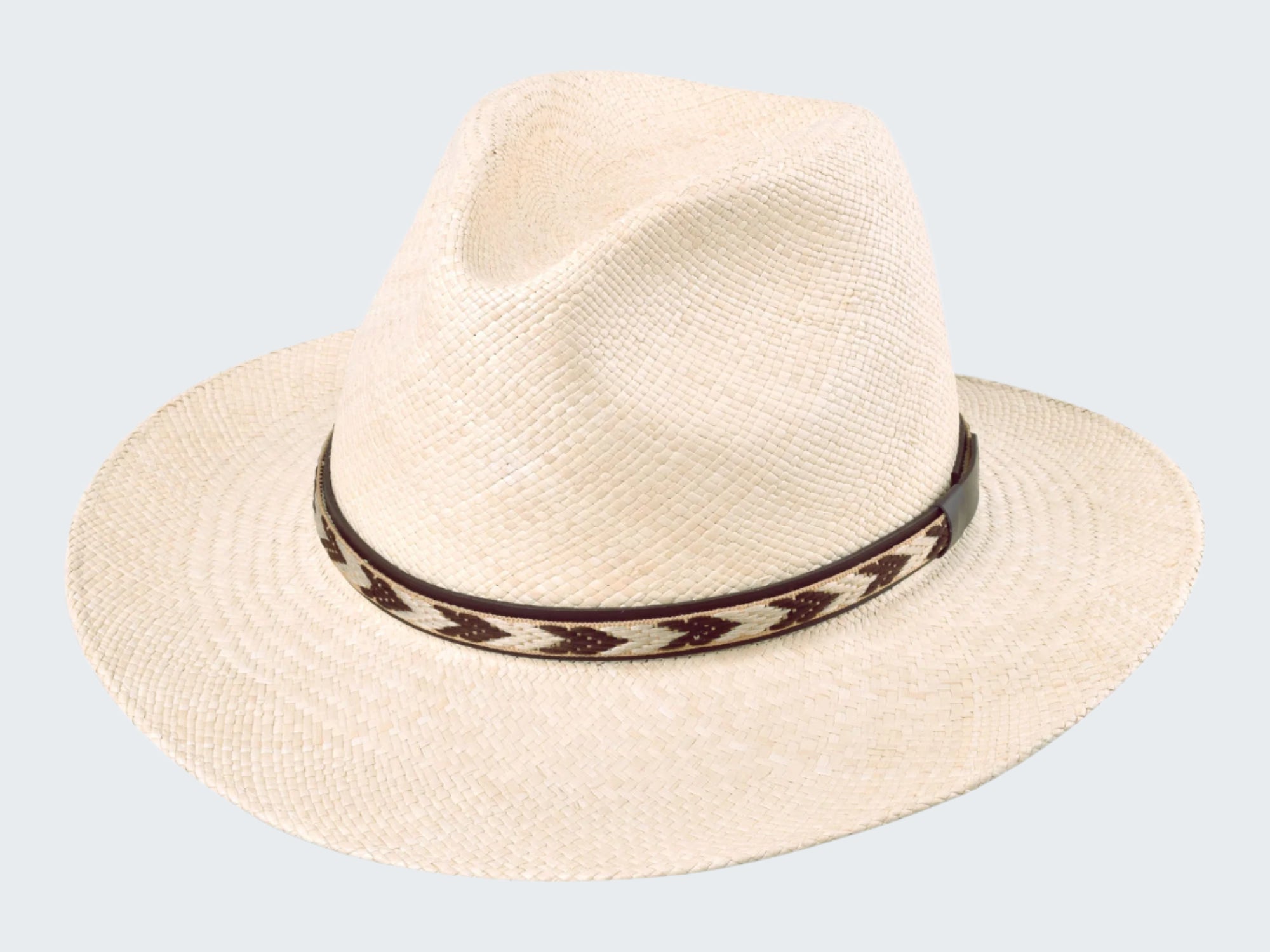 Beige straw hat with a decorative band on a white background