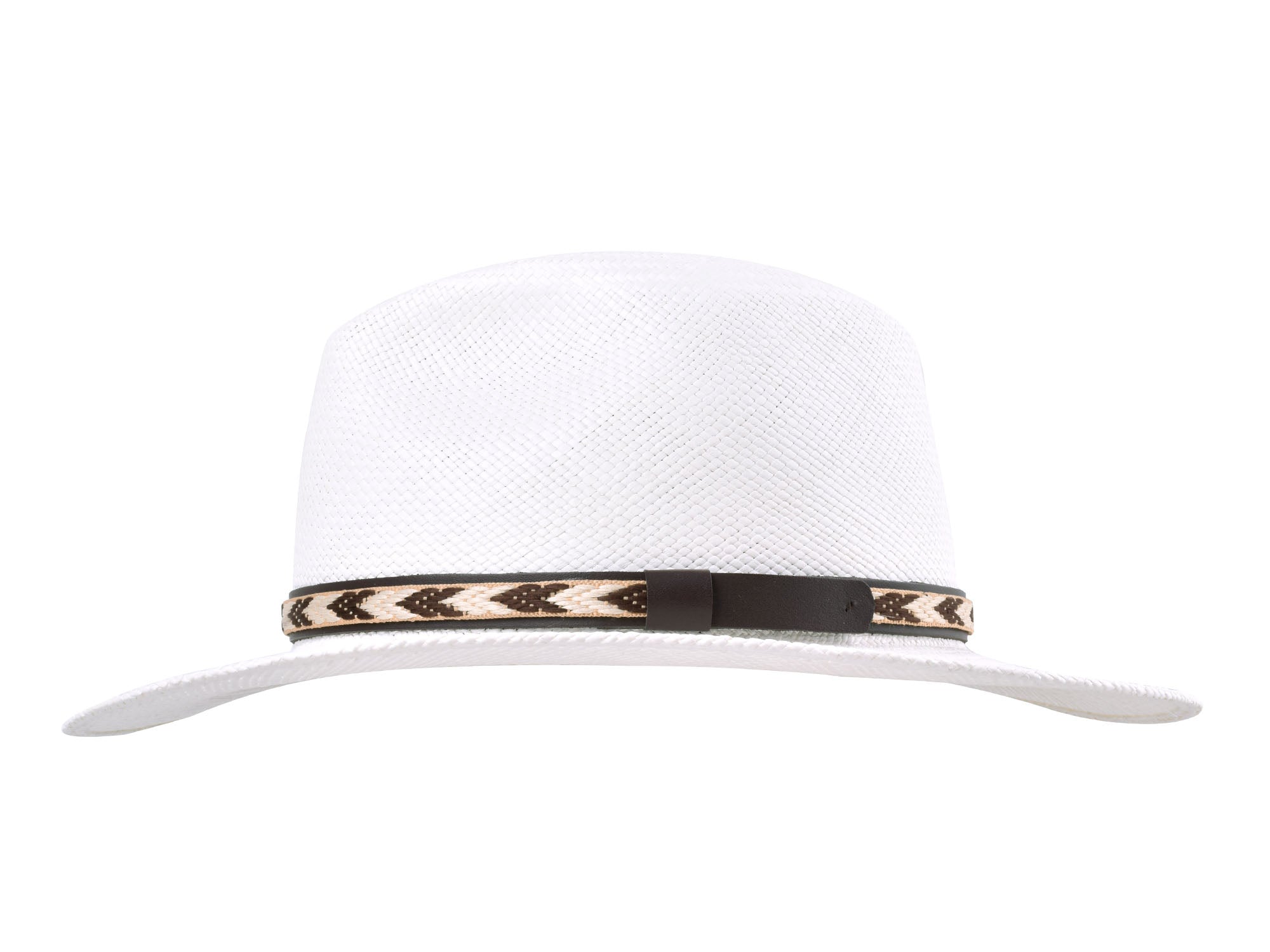 White hat with a black and gold band on a white background