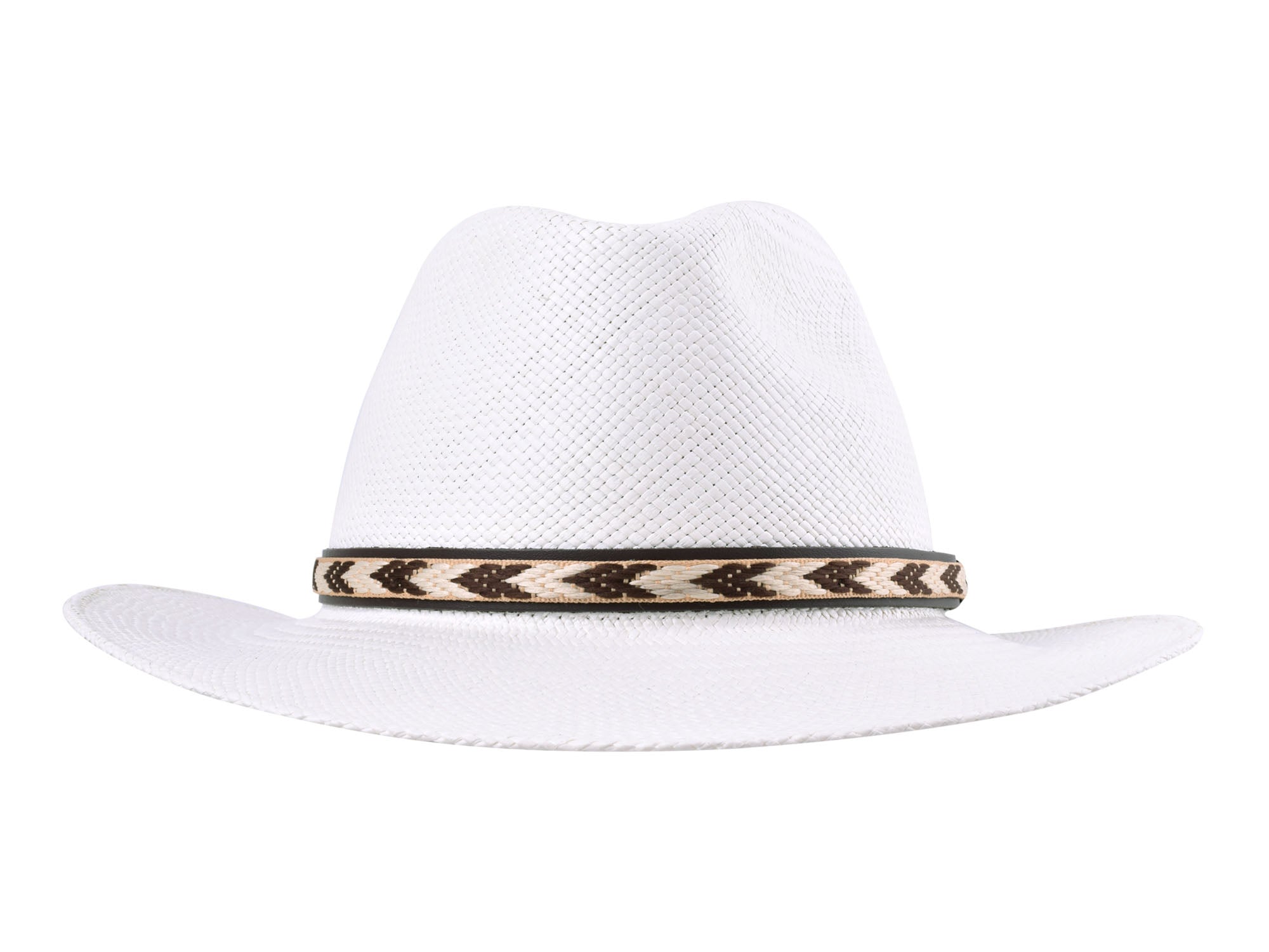 White straw hat with a decorative band on a white background