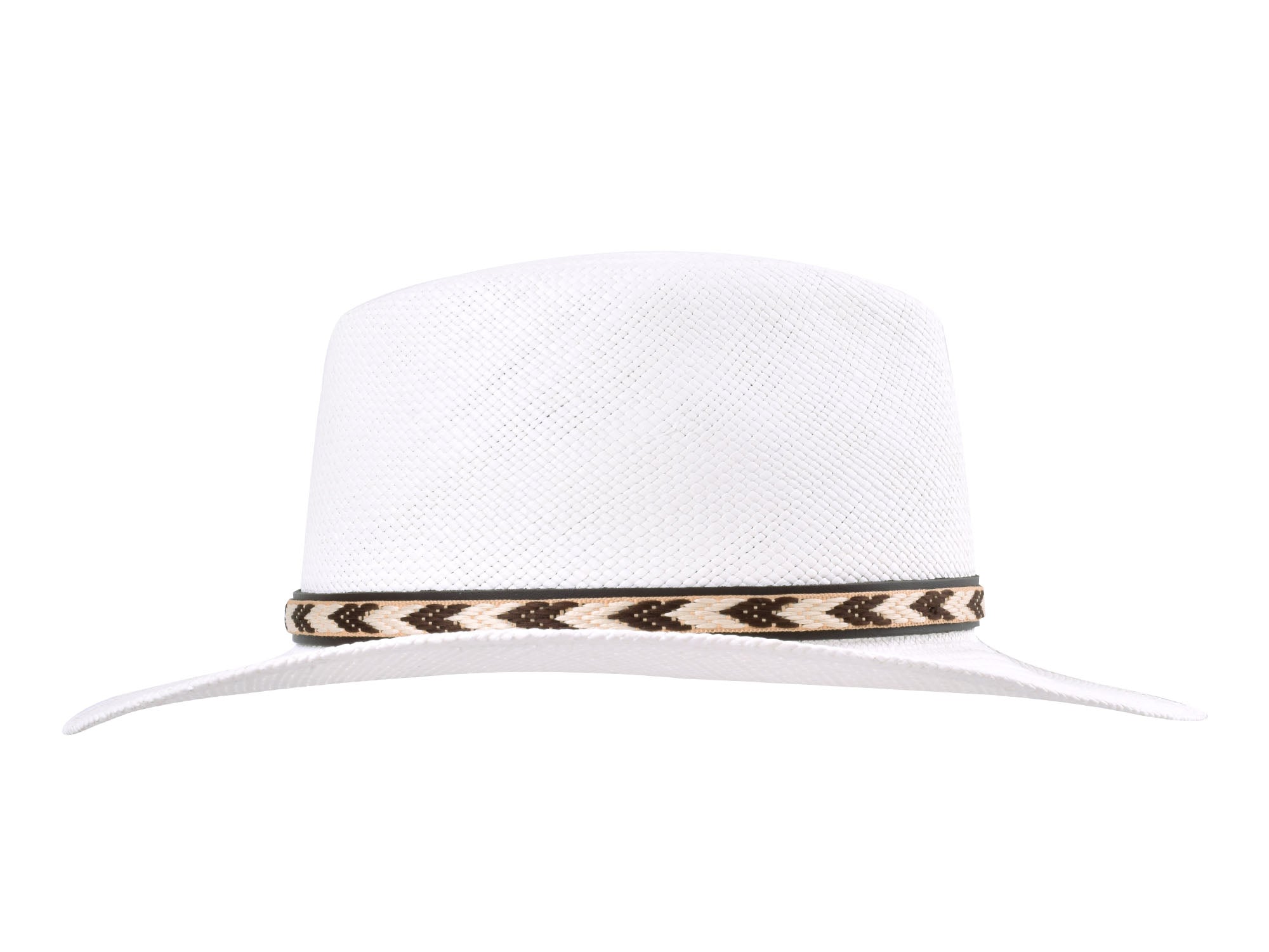 White straw hat with a decorative band on a white background