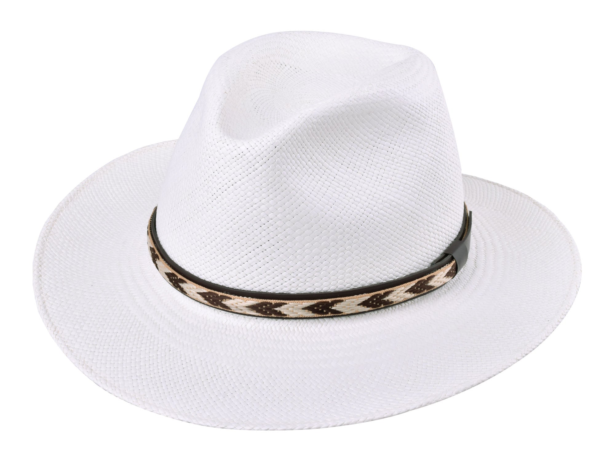 White fedora hat with a decorative band on a white background