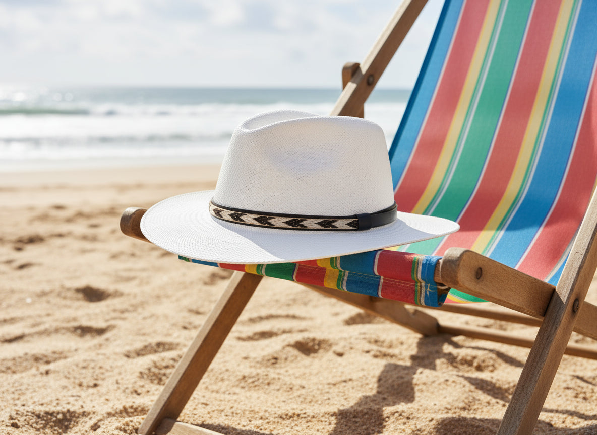 White fedora hat with a decorative band on a white background
