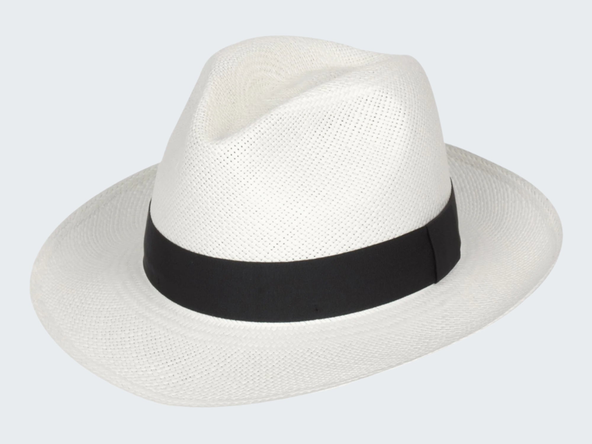 White fedora hat with a black band on a white background