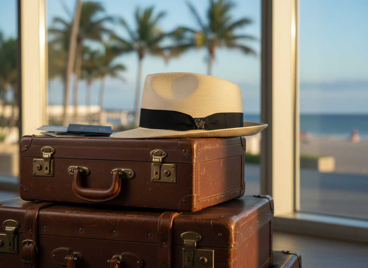 Beige straw hat with a black band on a white background