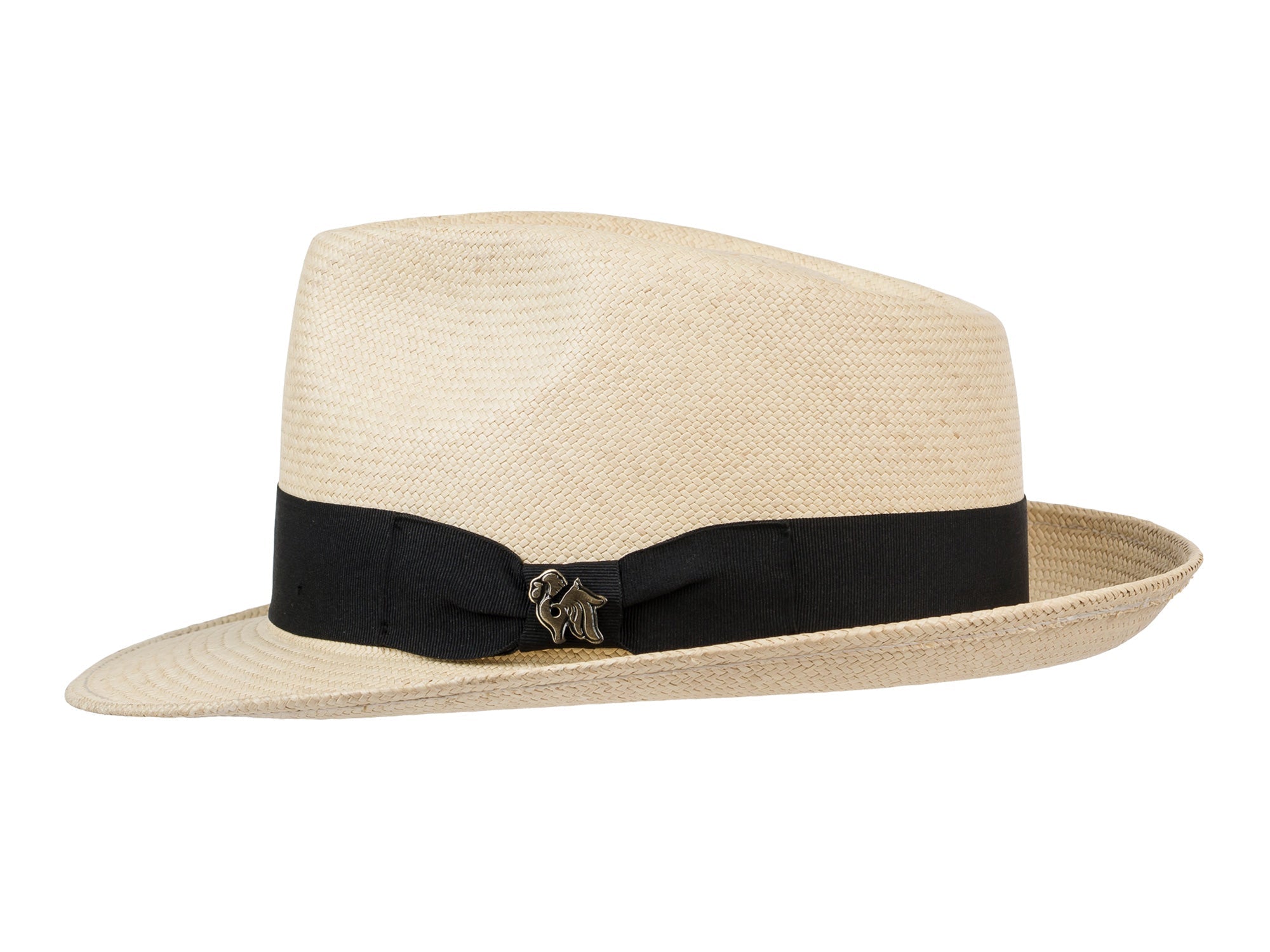 Beige straw hat with a black band on a white background