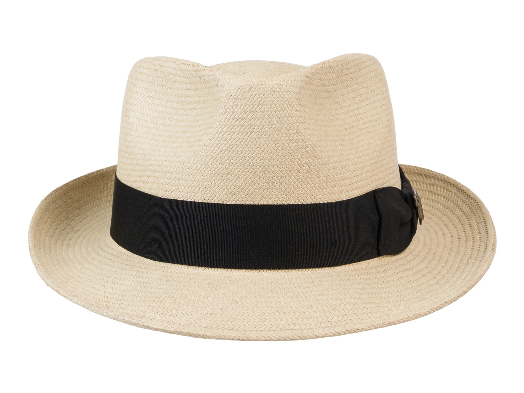 Beige straw hat with a black band on a white background