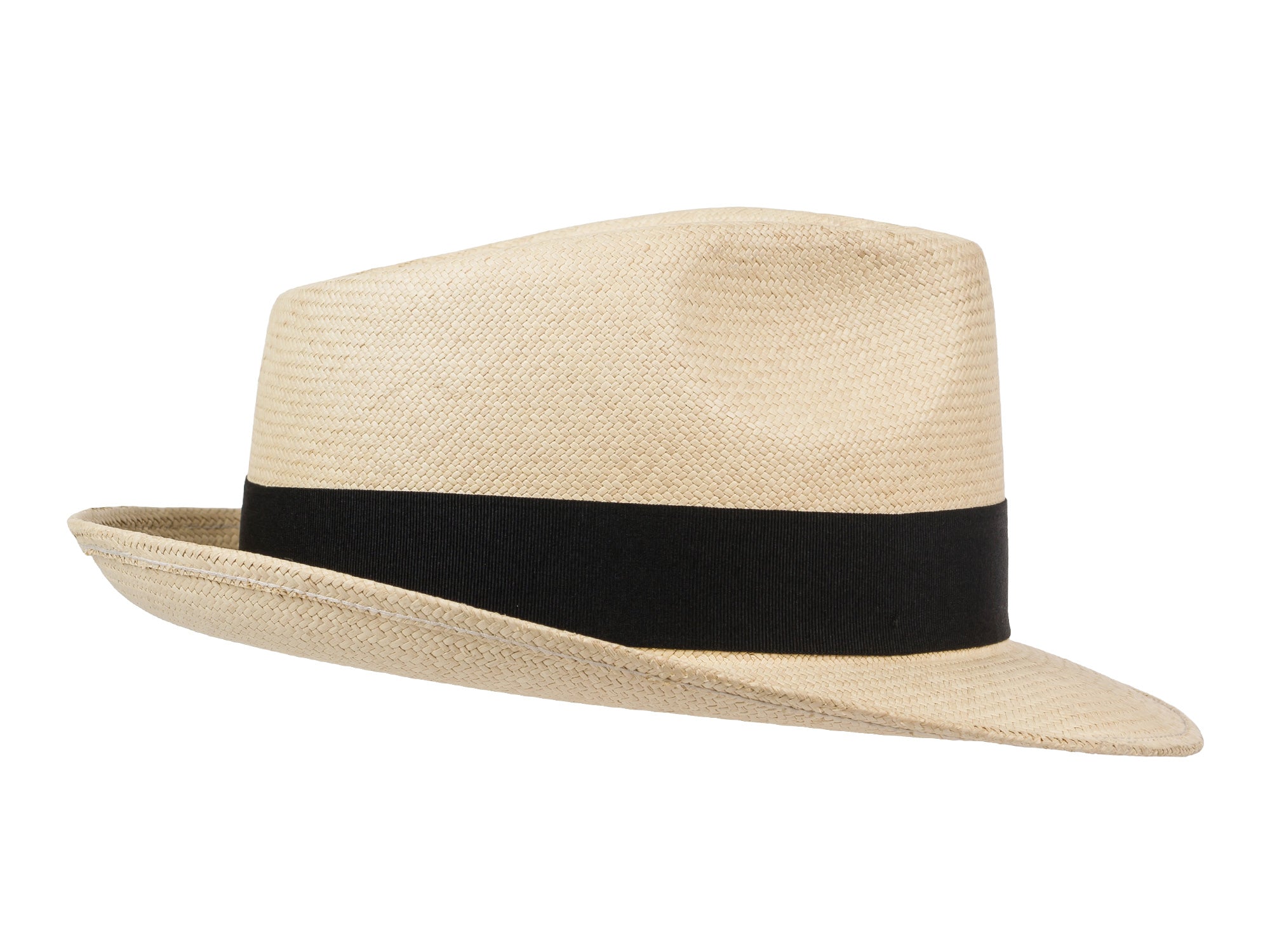 Beige straw hat with a black band on a white background