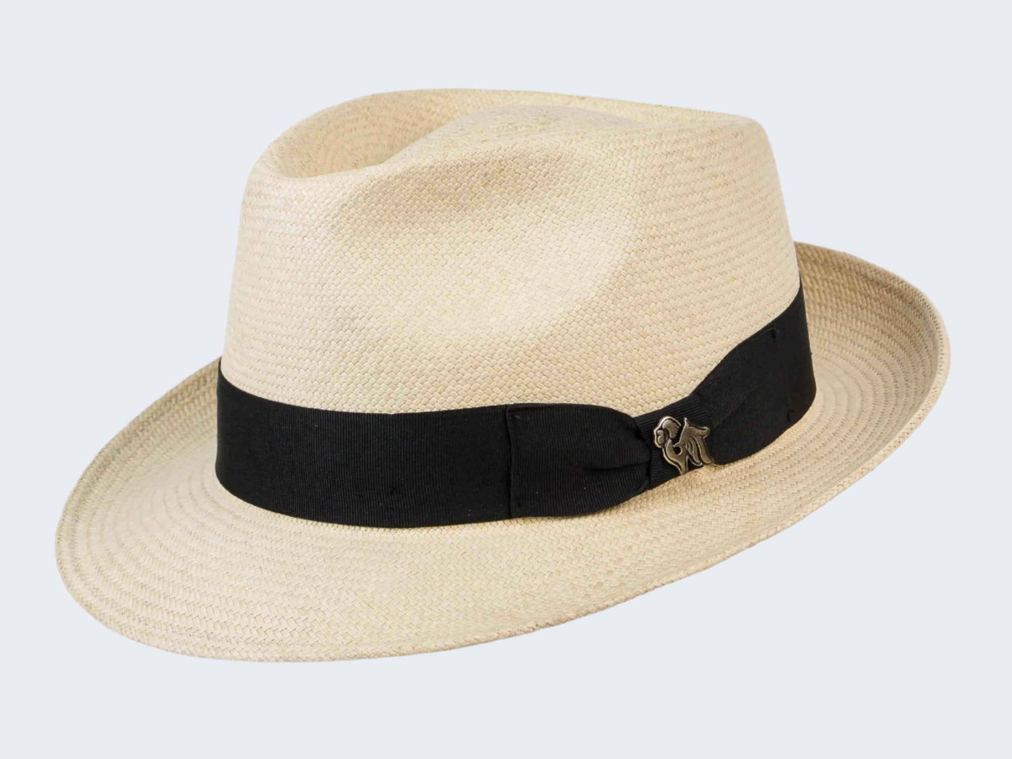 Beige straw hat with a black band on a white background