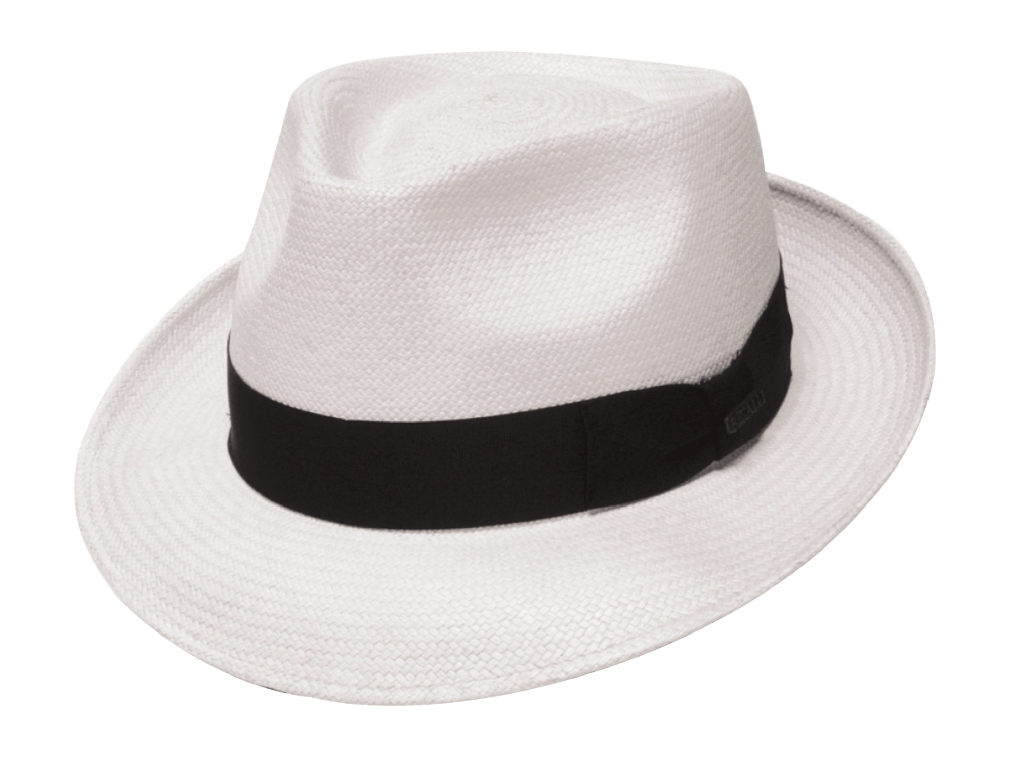 White fedora hat with a black band on a white background