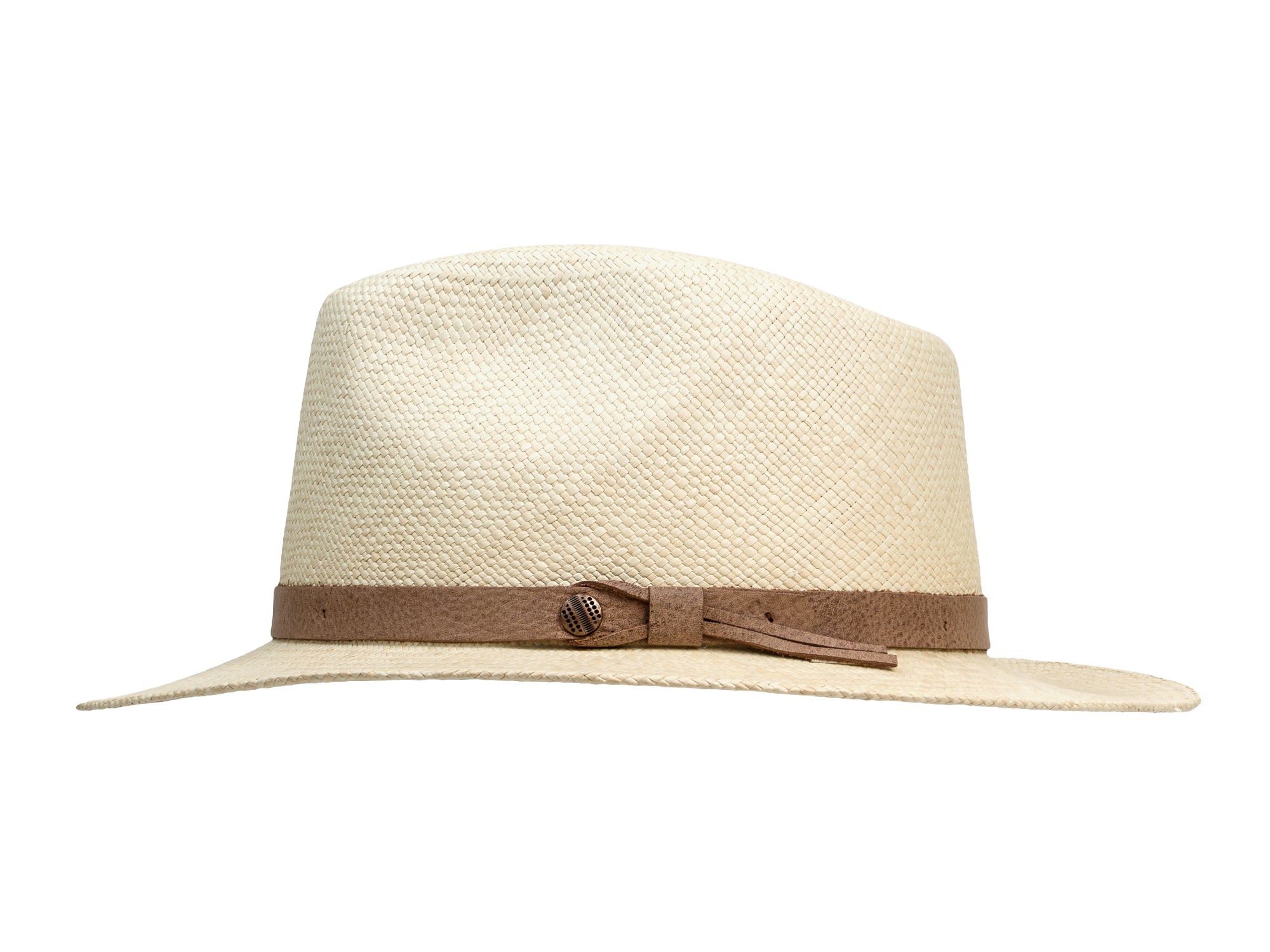 Beige straw hat with a brown band on a white background