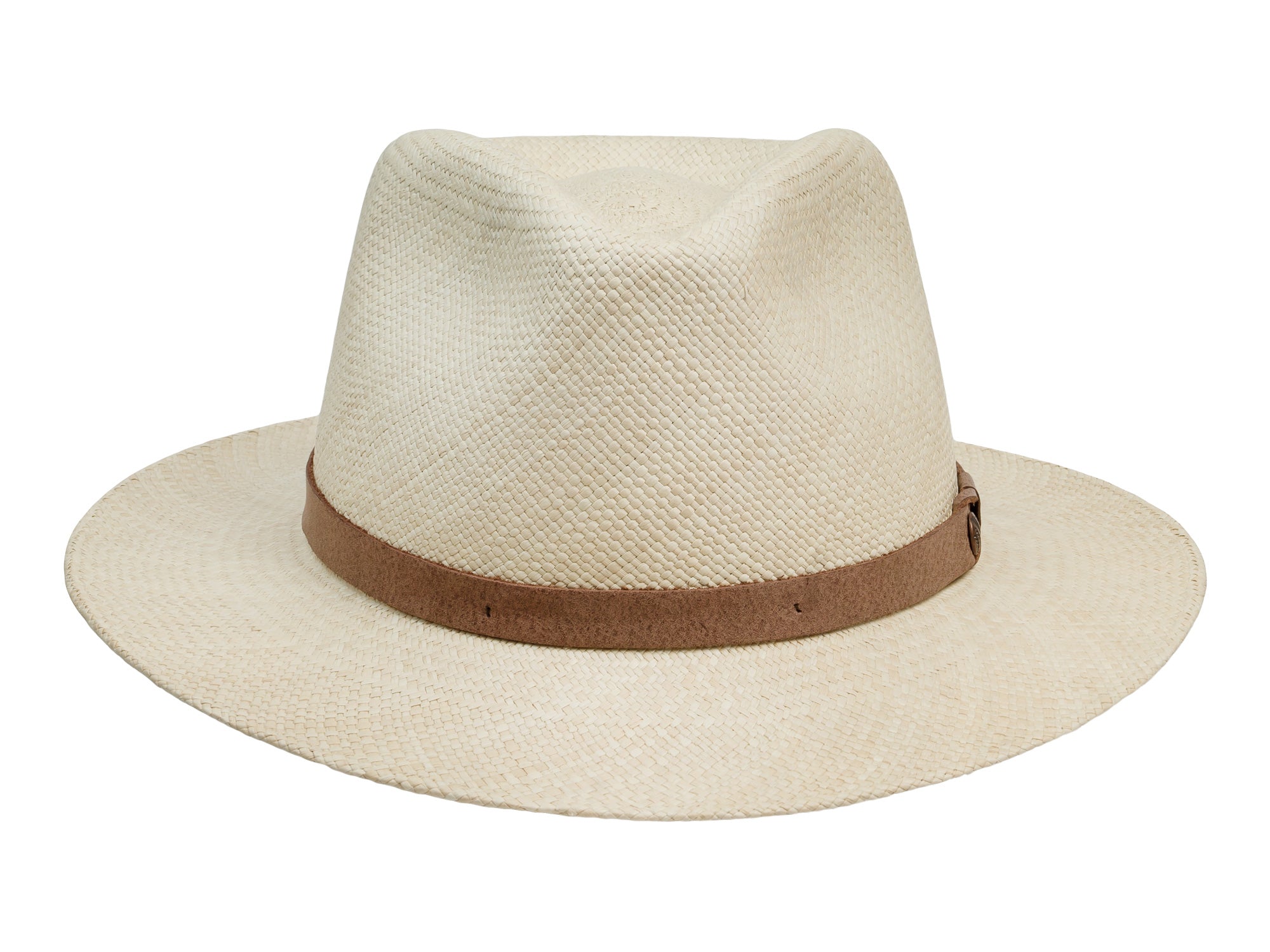 Beige fedora hat with a brown band on a white background