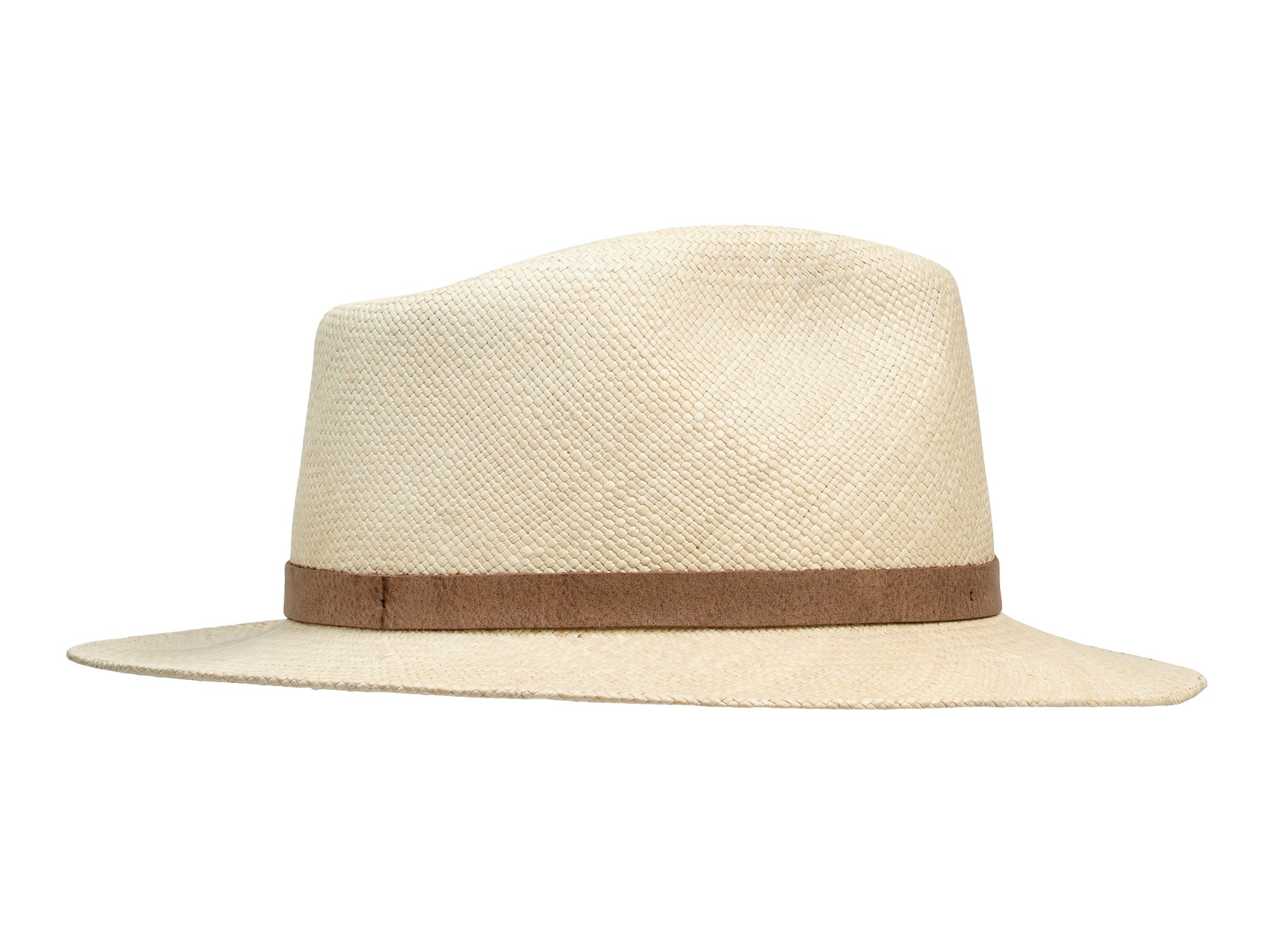 Beige straw hat with a brown band on a white background
