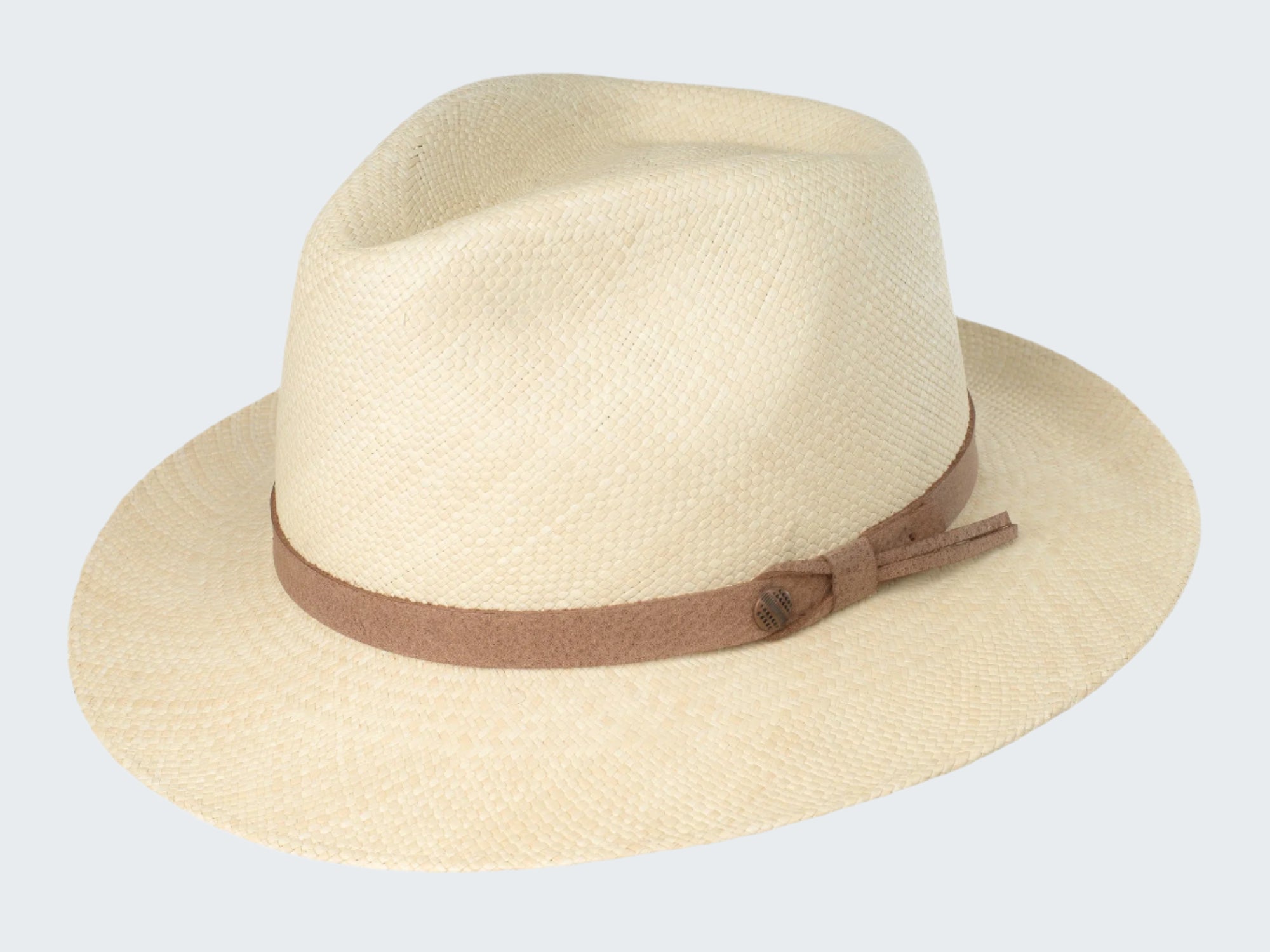 Beige straw hat with a brown band on a white background