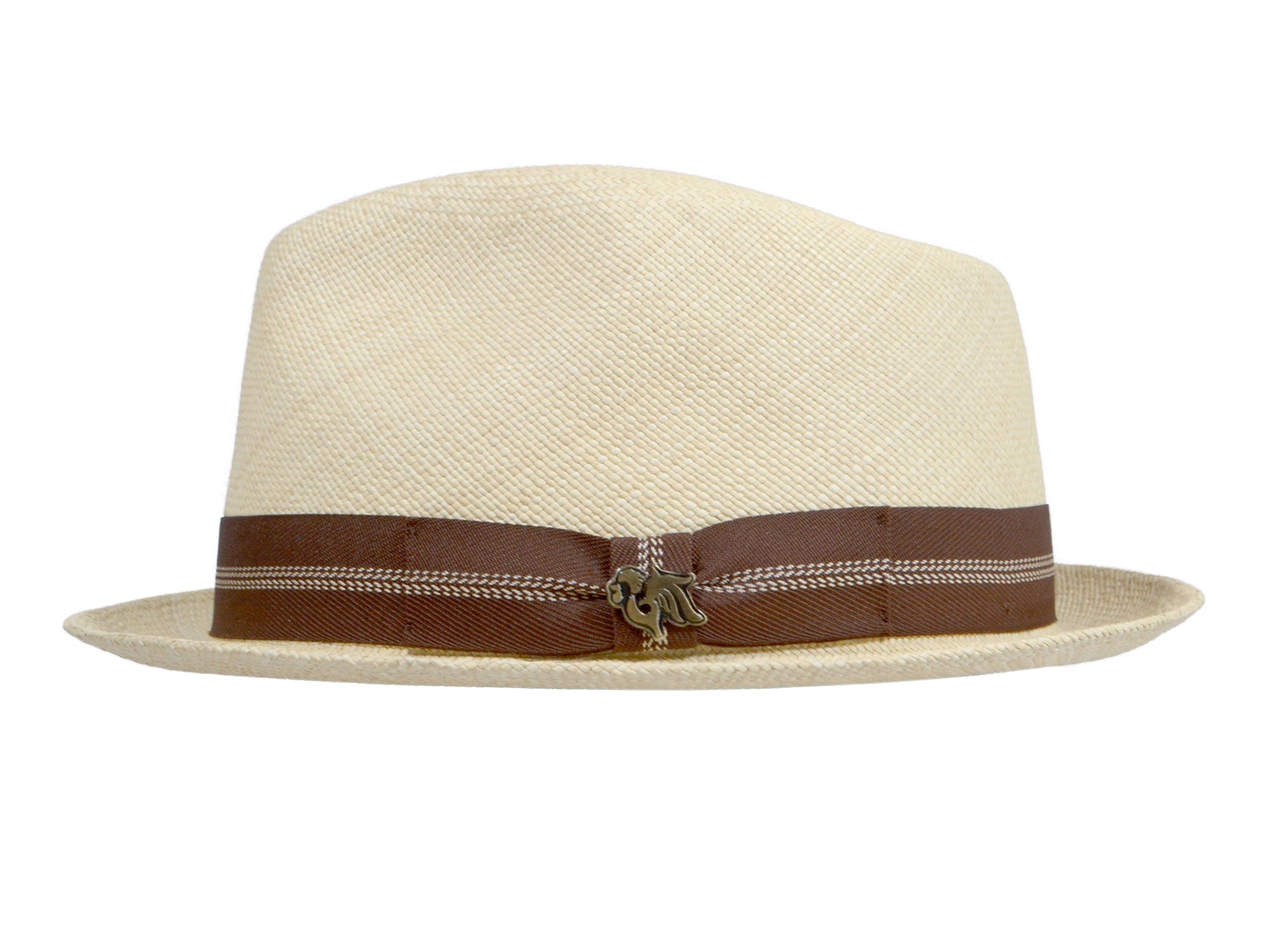 Beige straw hat with a brown band on a white background