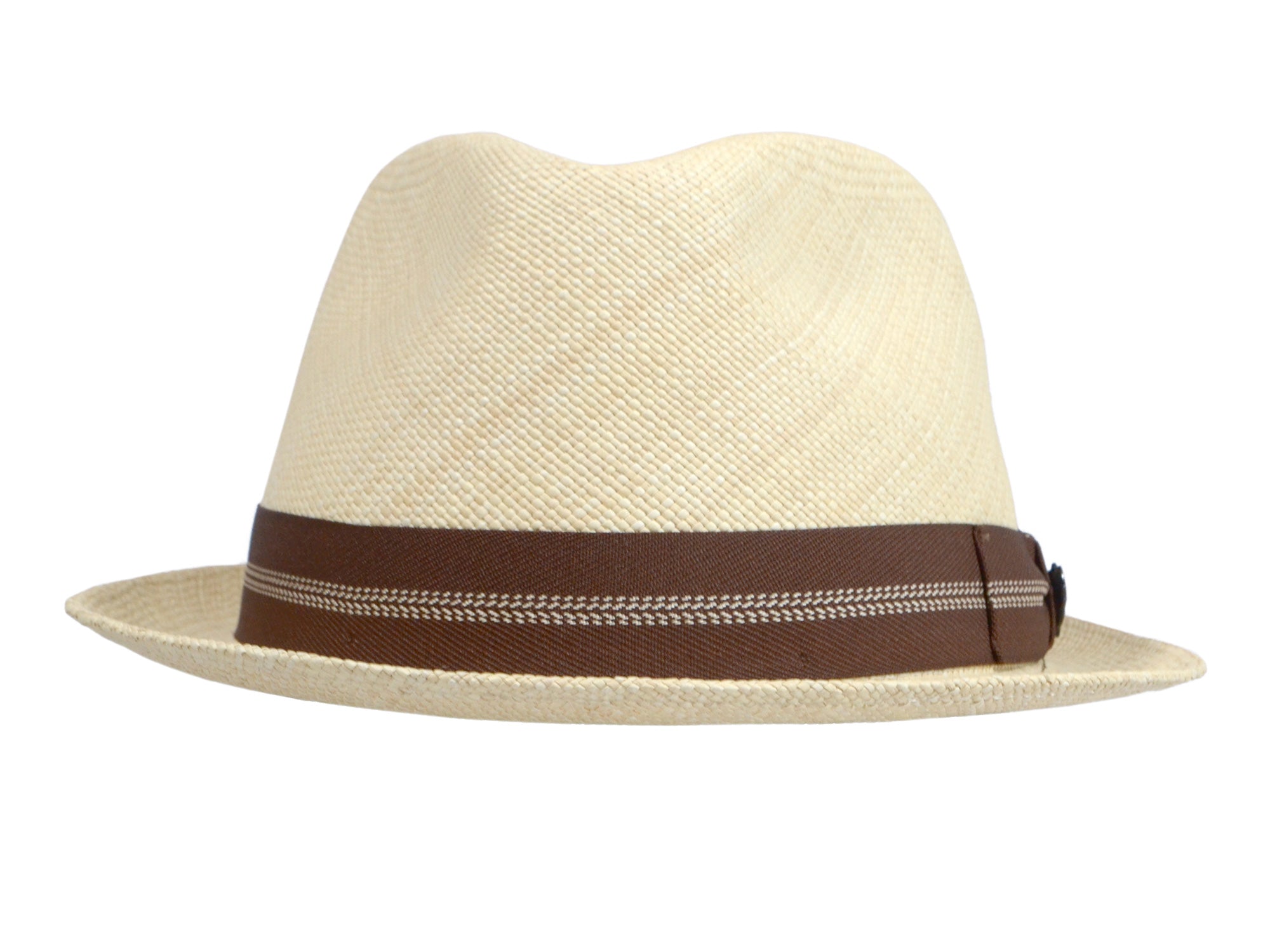 Beige straw hat with a brown band on a white background